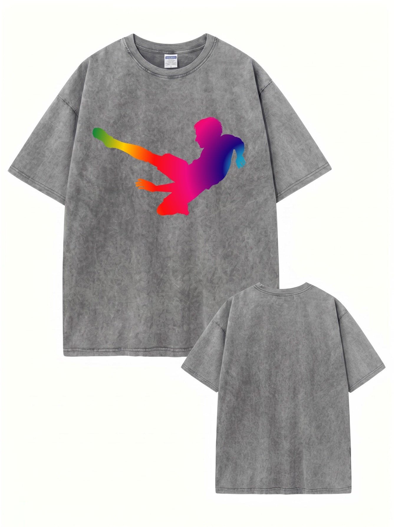 Retro Washed Cotton T-Shirt with Vibrant Rainbow Soccer Kick Print