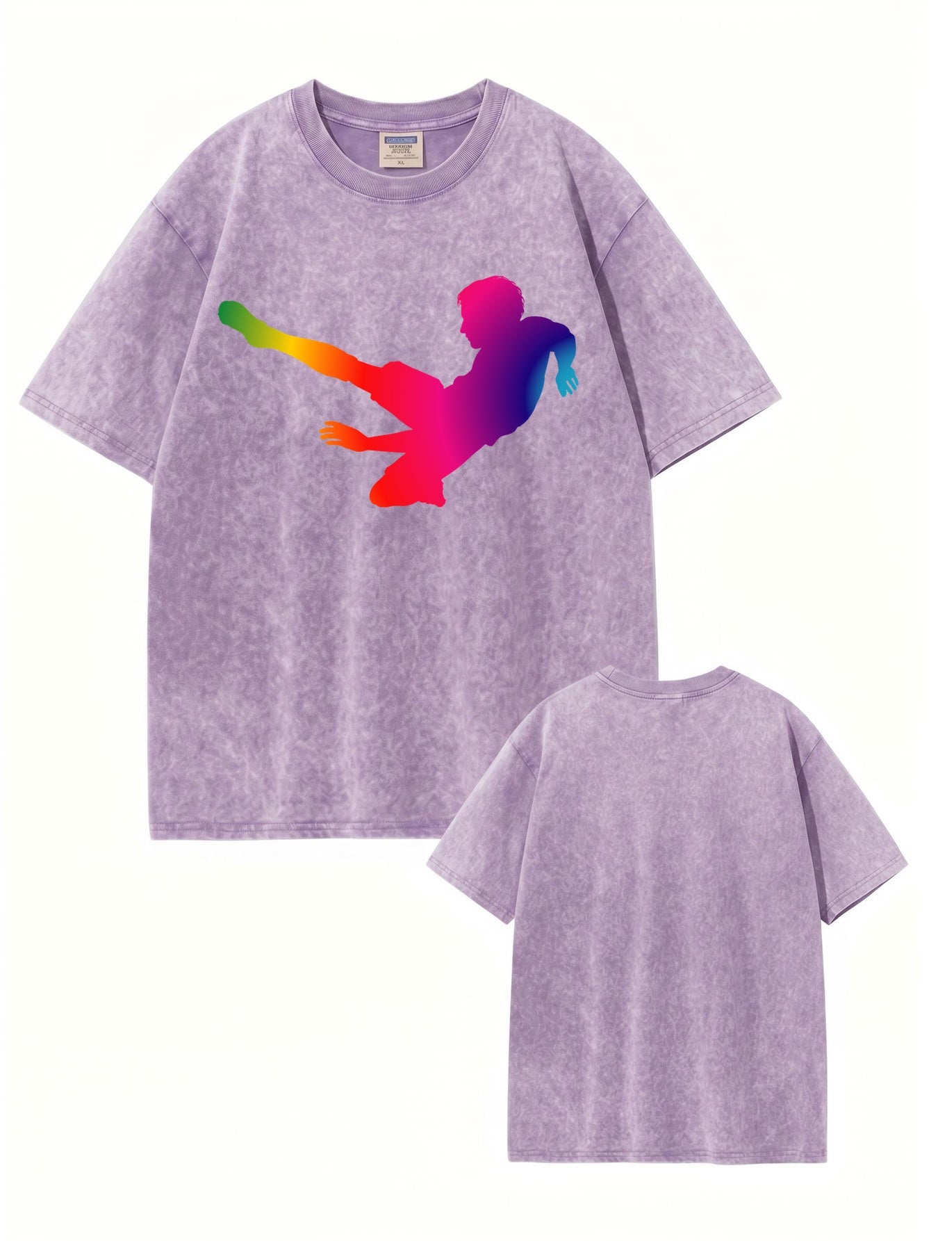 Retro Washed Cotton T-Shirt with Vibrant Rainbow Soccer Kick Print