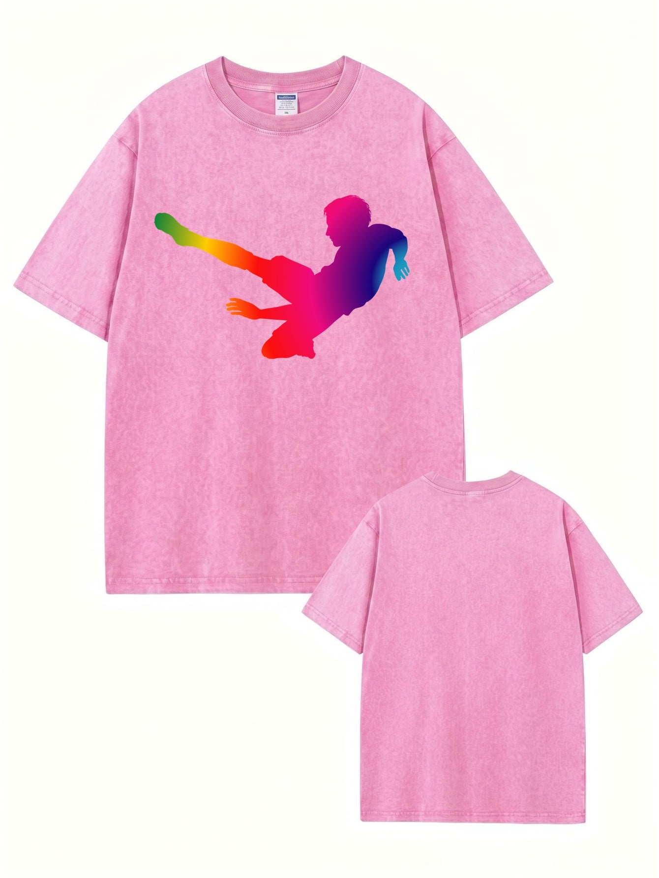 Retro Washed Cotton T-Shirt with Vibrant Rainbow Soccer Kick Print