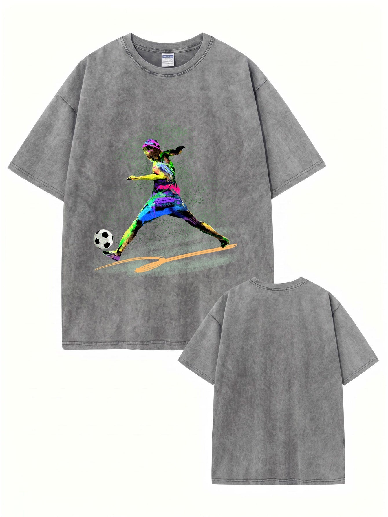Vintage Washed Cotton T-Shirt with Vibrant Soccer Player Graphic Print