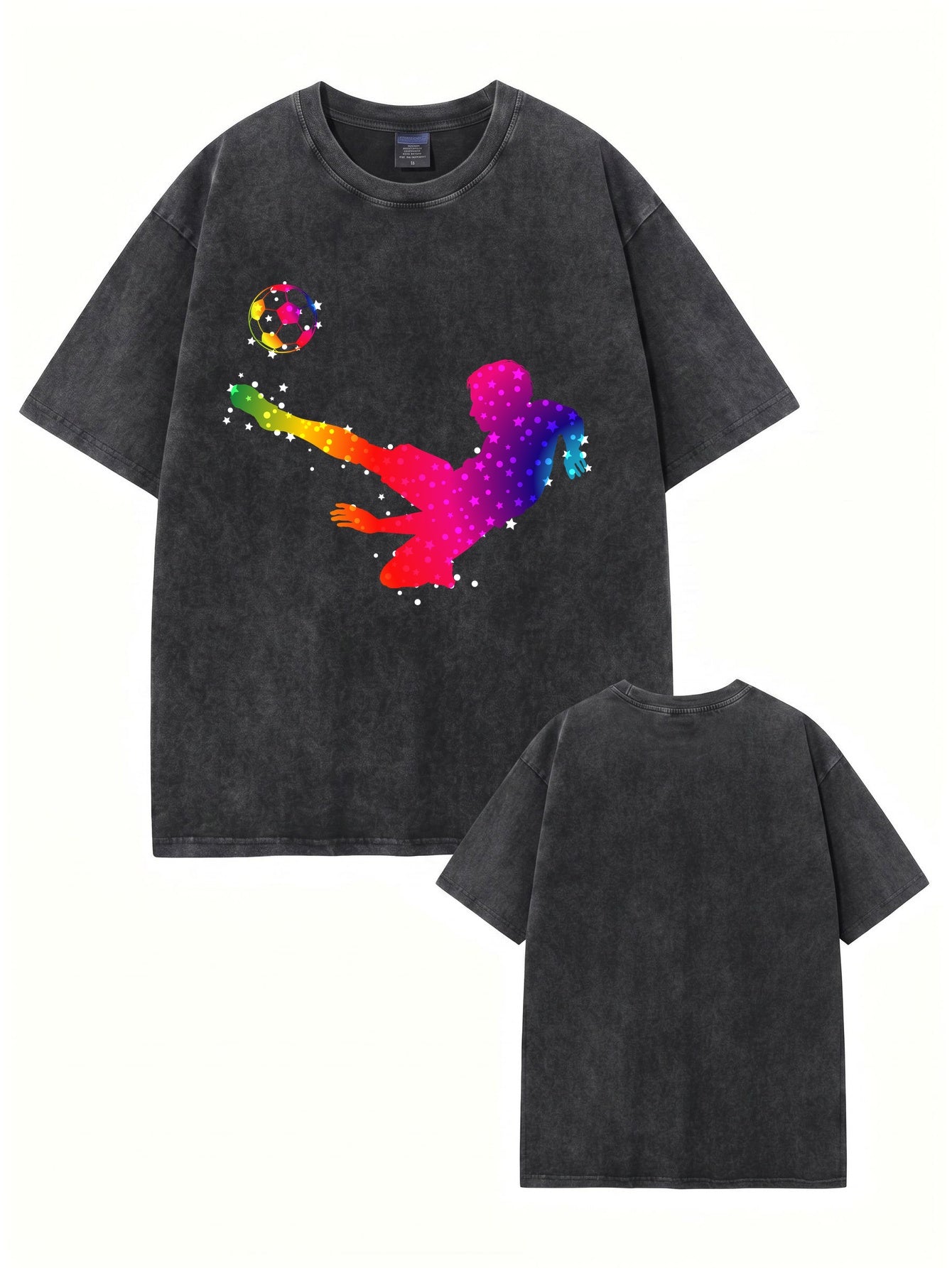 Vintage Washed Oversized T-Shirt with Rainbow Soccer Player Graphic