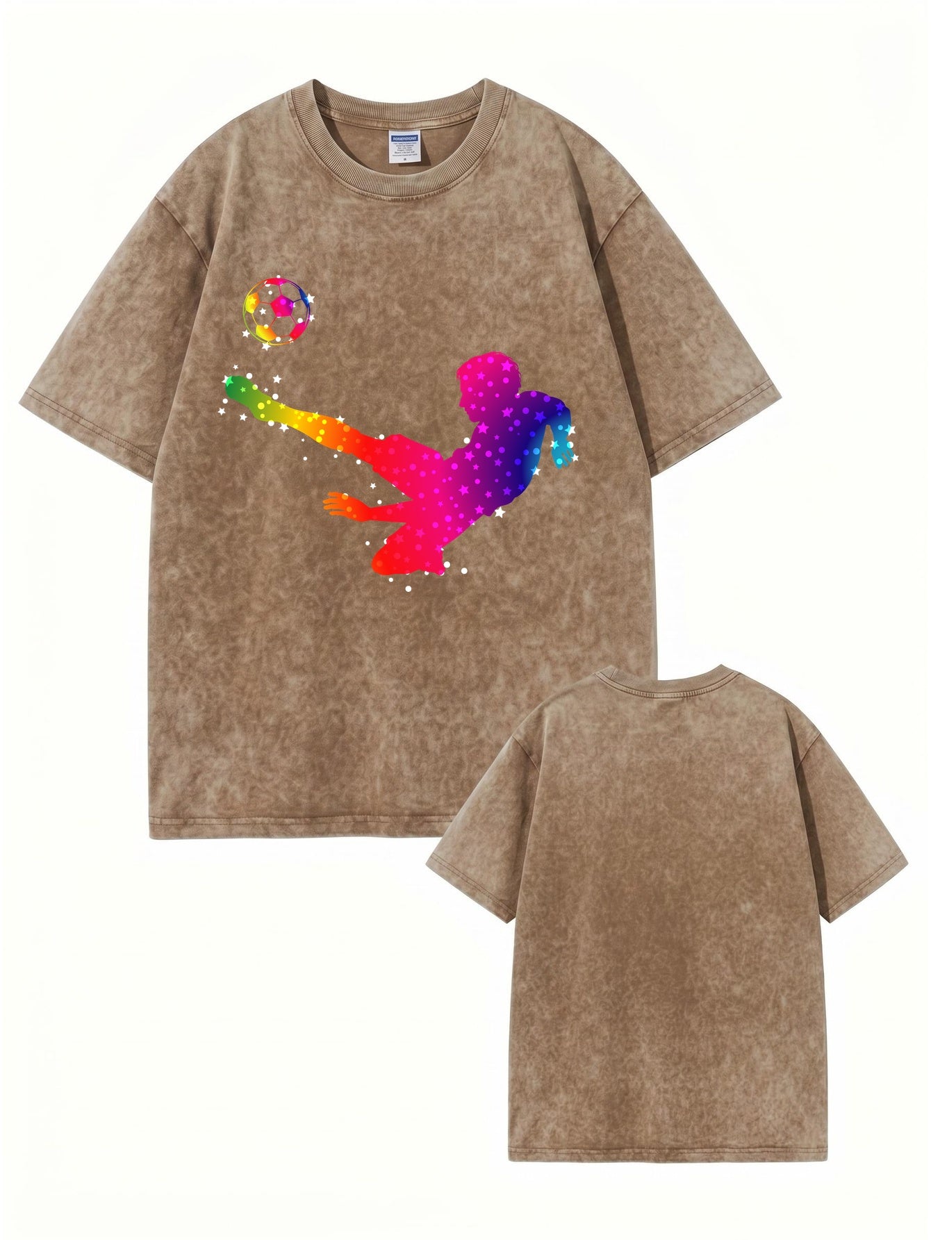 Vintage Washed Oversized T-Shirt with Rainbow Soccer Player Graphic
