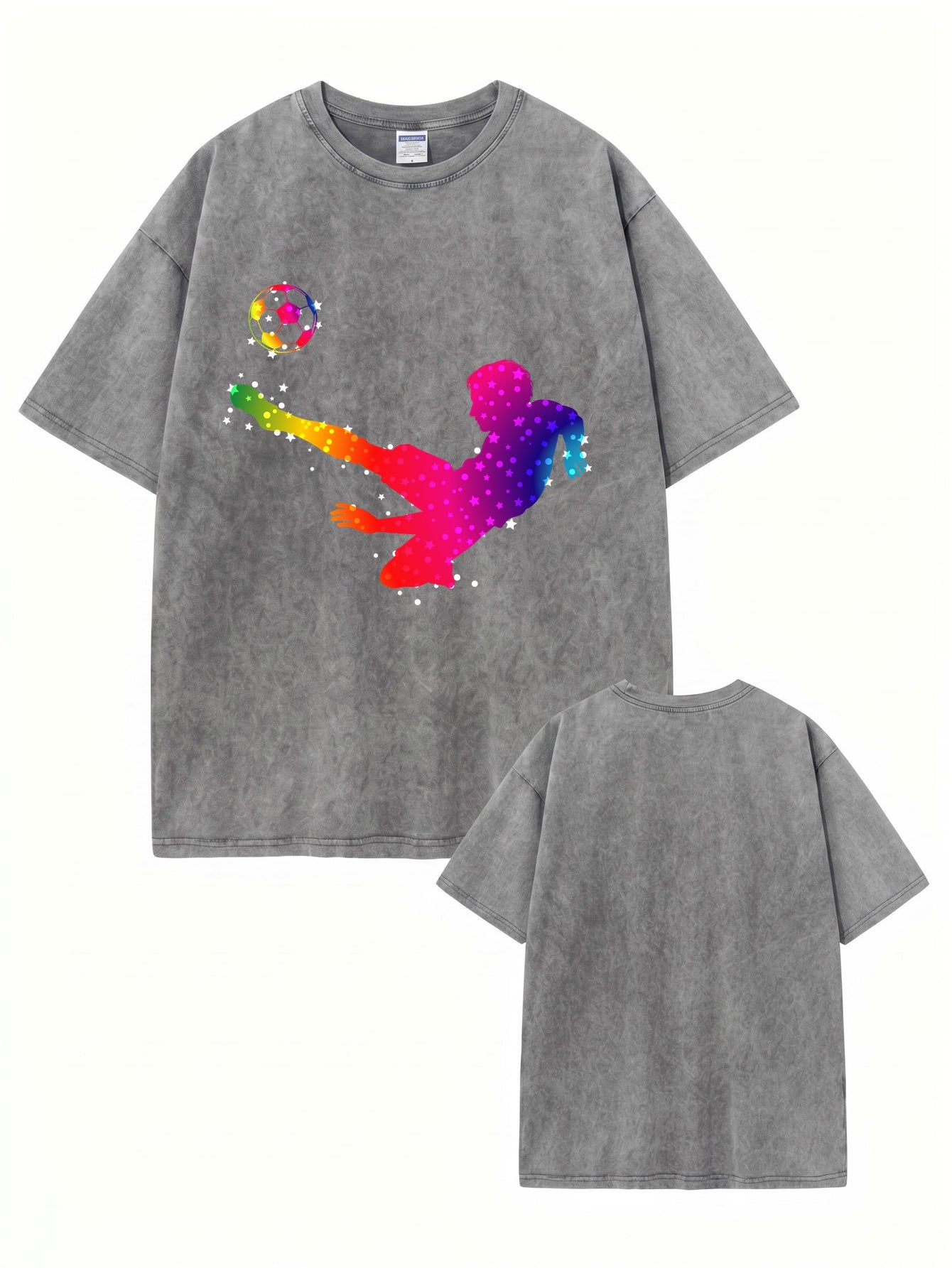 Vintage Washed Oversized T-Shirt with Rainbow Soccer Player Graphic