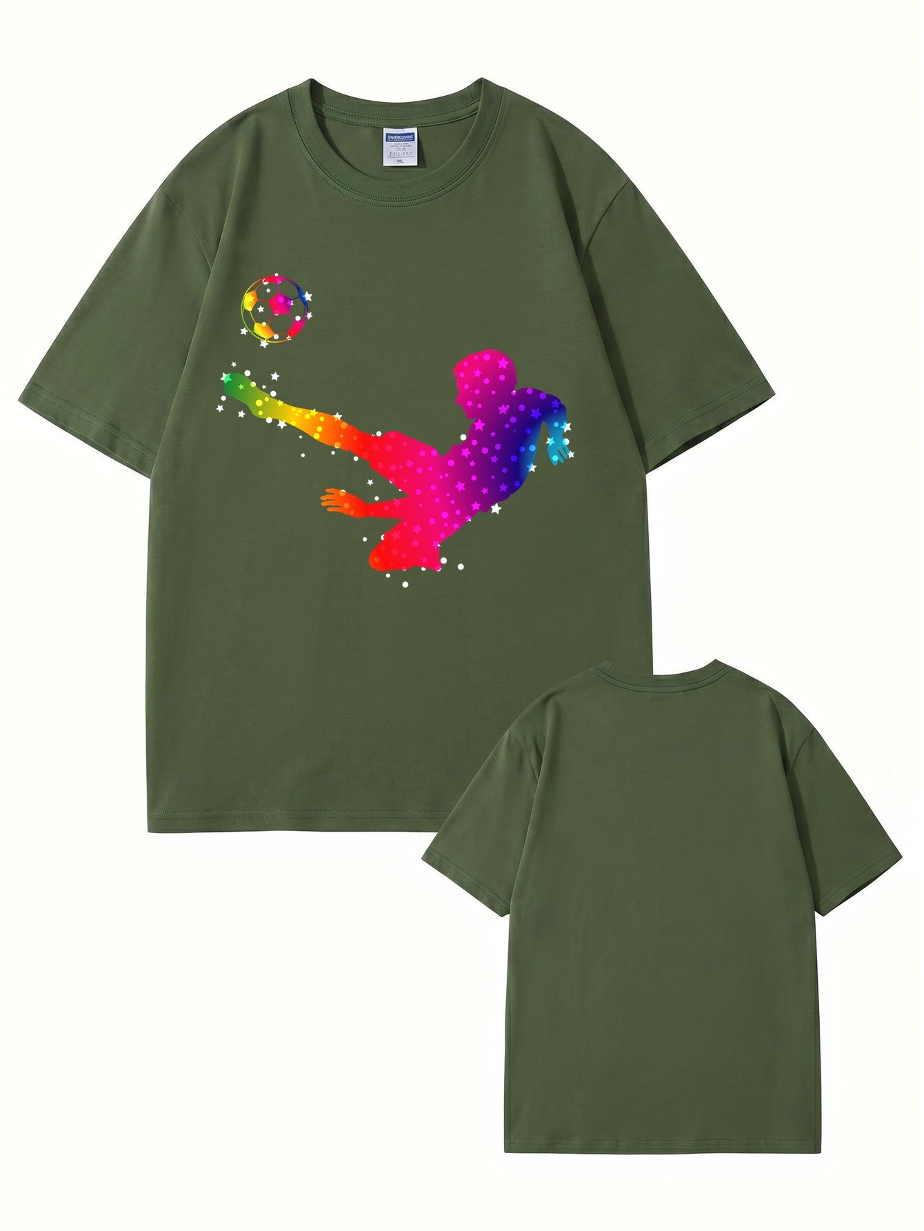 Rainbow Starry Soccer Player Graphic Print Men's Casual Cotton T-Shirt