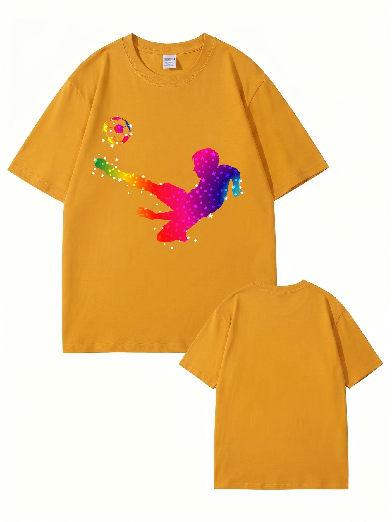 Rainbow Starry Soccer Player Graphic Print Men's Casual Cotton T-Shirt
