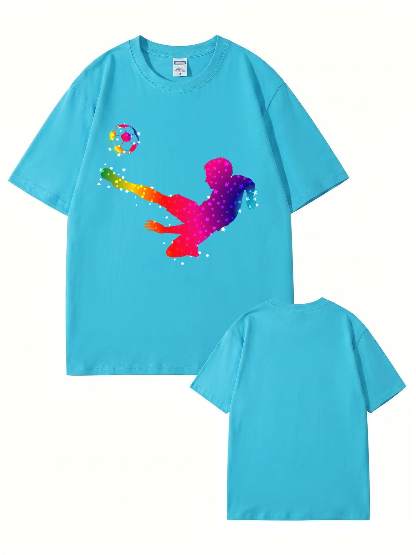Rainbow Starry Soccer Player Graphic Print Men's Casual Cotton T-Shirt