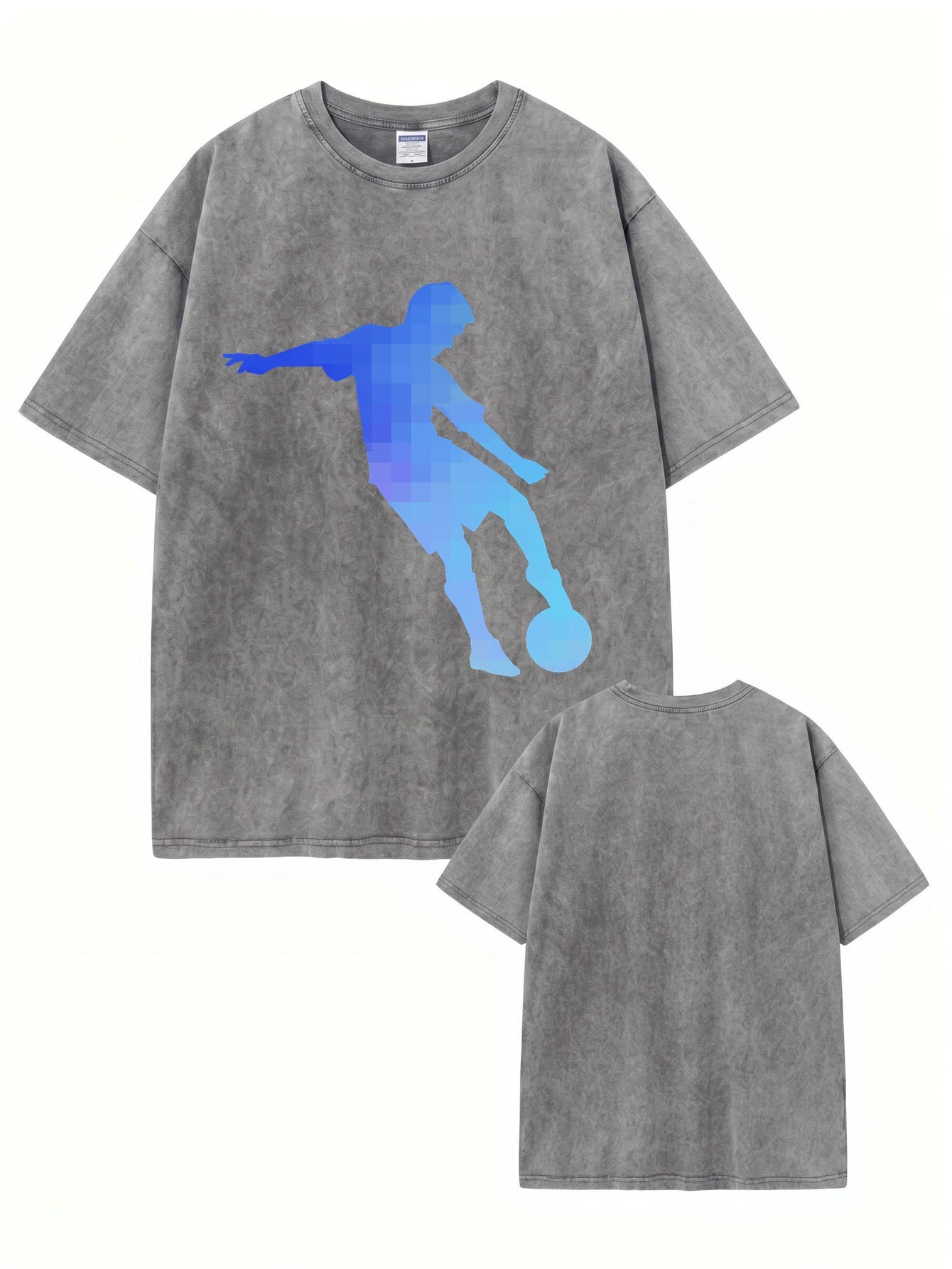 Vintage Washed Oversized T-Shirt with Pixelated Soccer Player Graphic