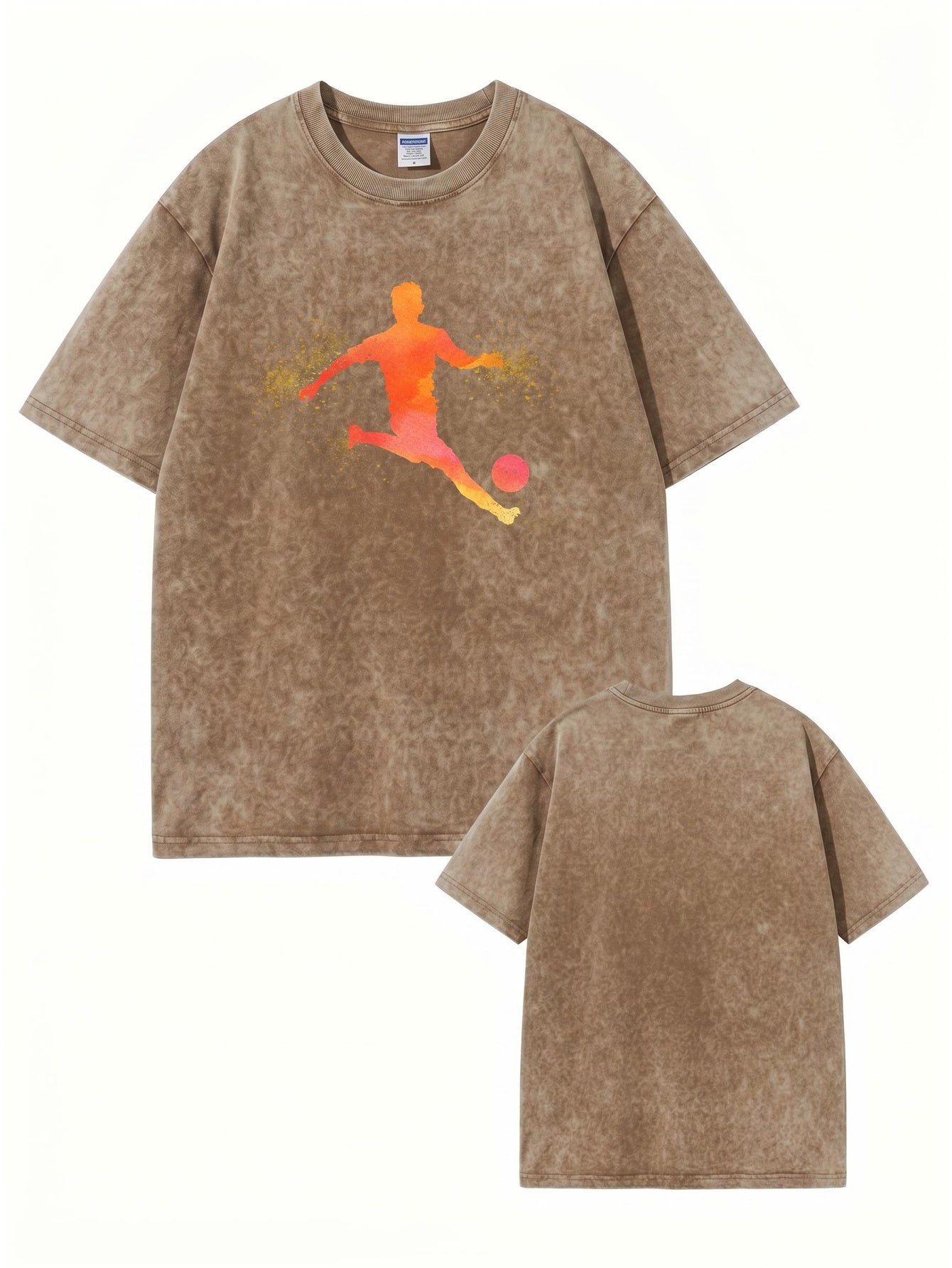 Vintage Washed Cotton T-Shirt with Artistic Soccer Player Graphic Print