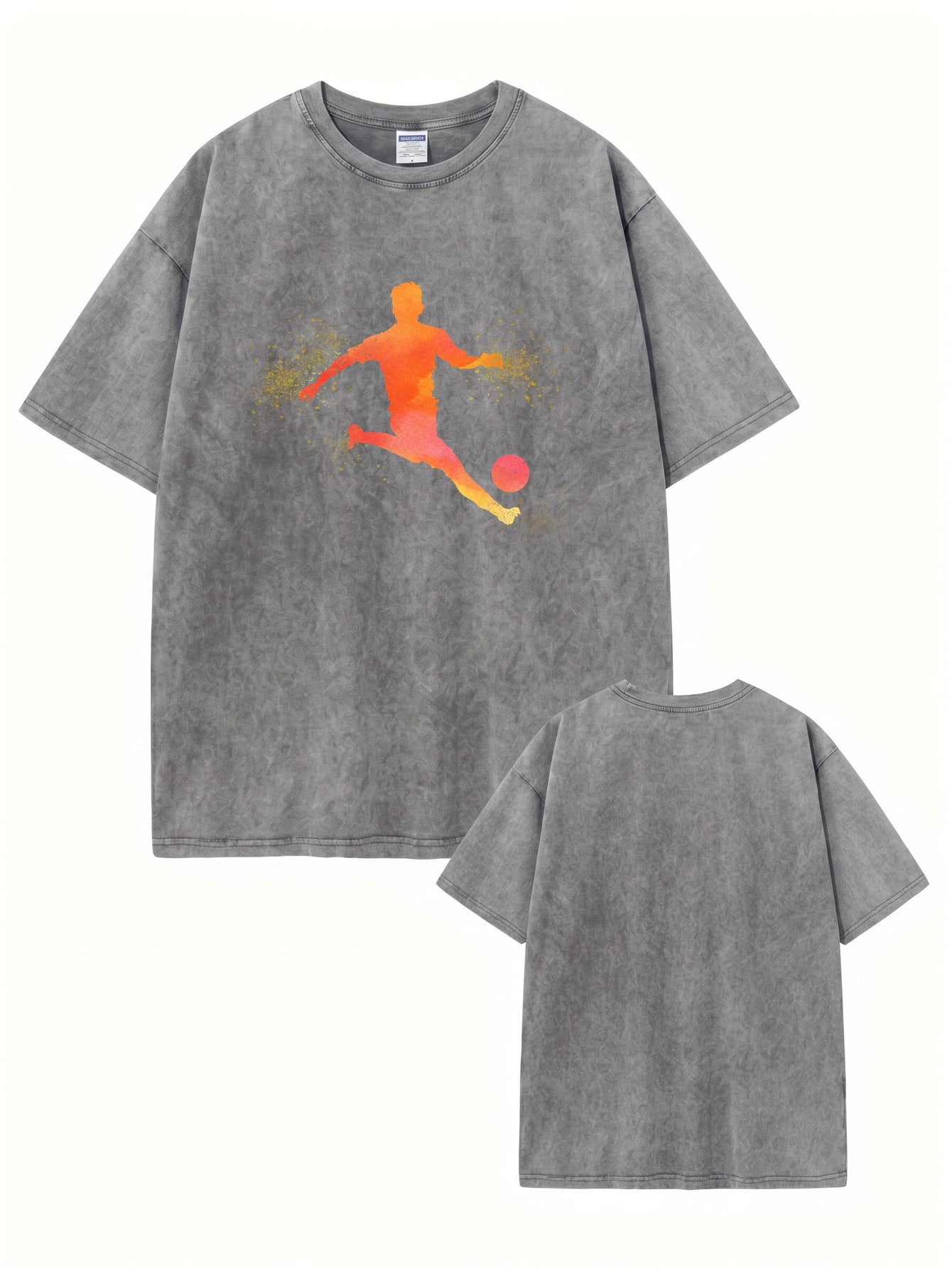 Vintage Washed Cotton T-Shirt with Artistic Soccer Player Graphic Print
