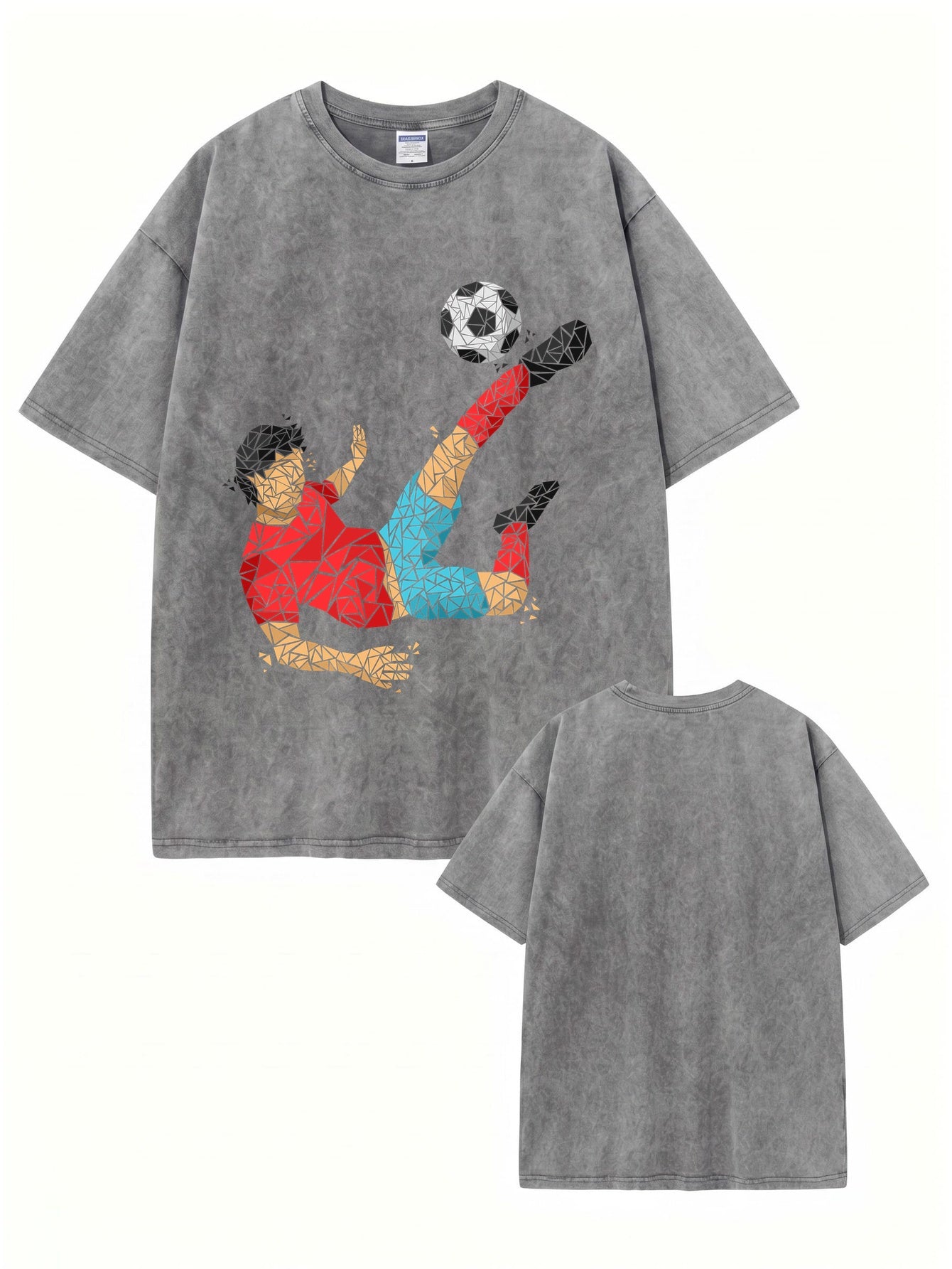 Geometric Soccer Player Graphic Tee - Vintage Washed 300gsm Cotton