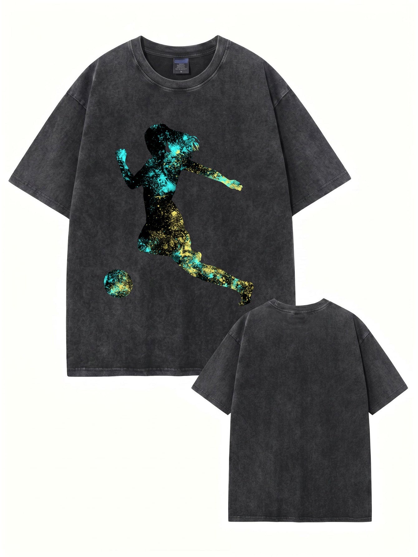 Vintage Washed Graphic Tee - Soccer Player Splash Art Cotton T-Shirt