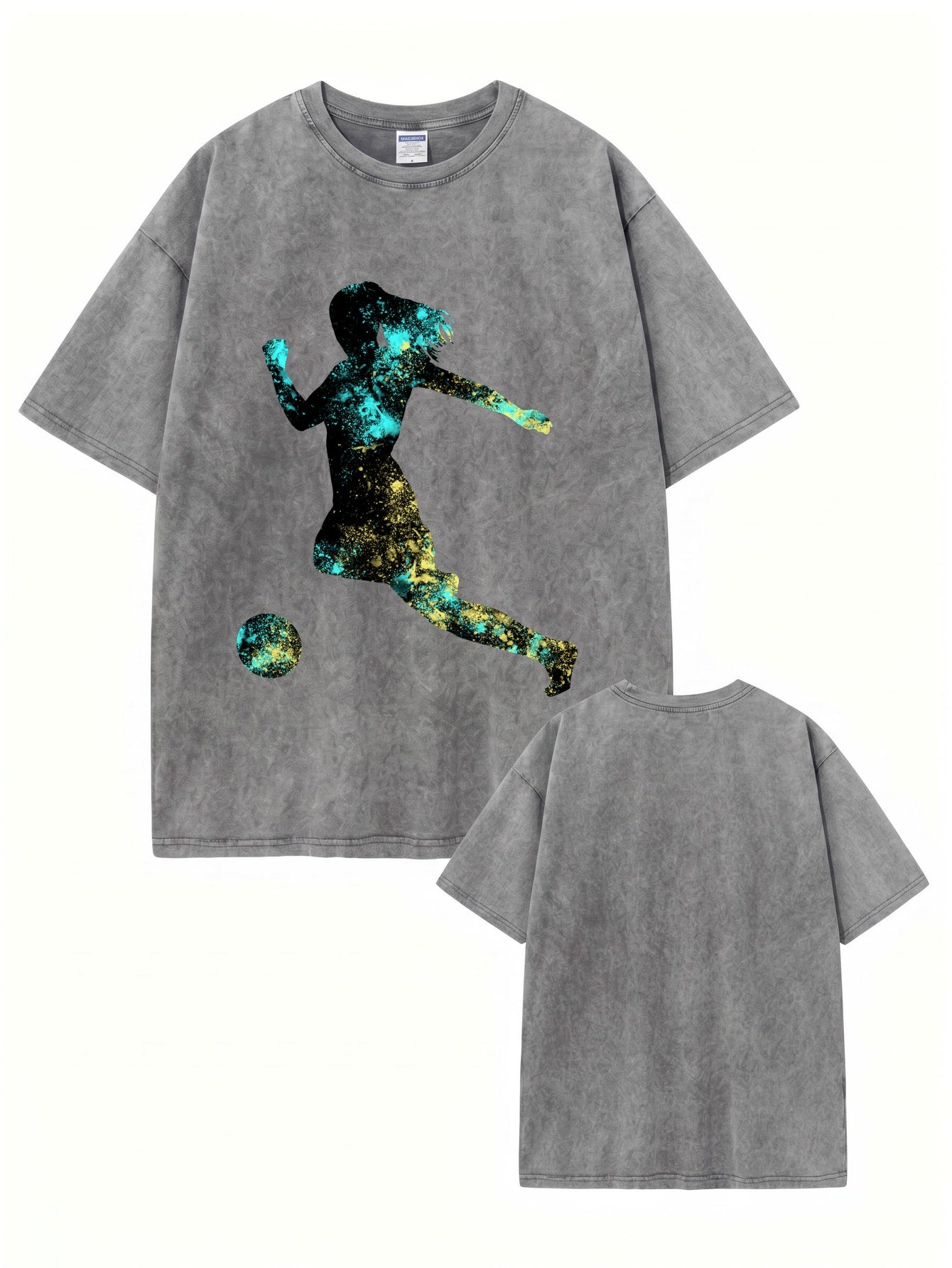 Vintage Washed Graphic Tee - Soccer Player Splash Art Cotton T-Shirt