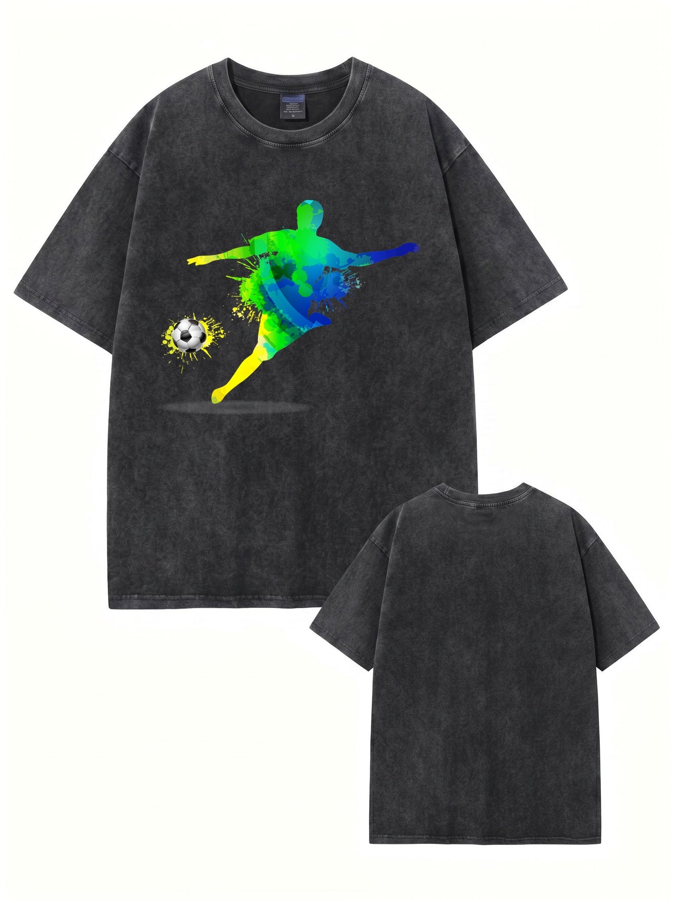 Vintage Washed Oversized T-Shirt with Colorful Soccer Player Graphic Print