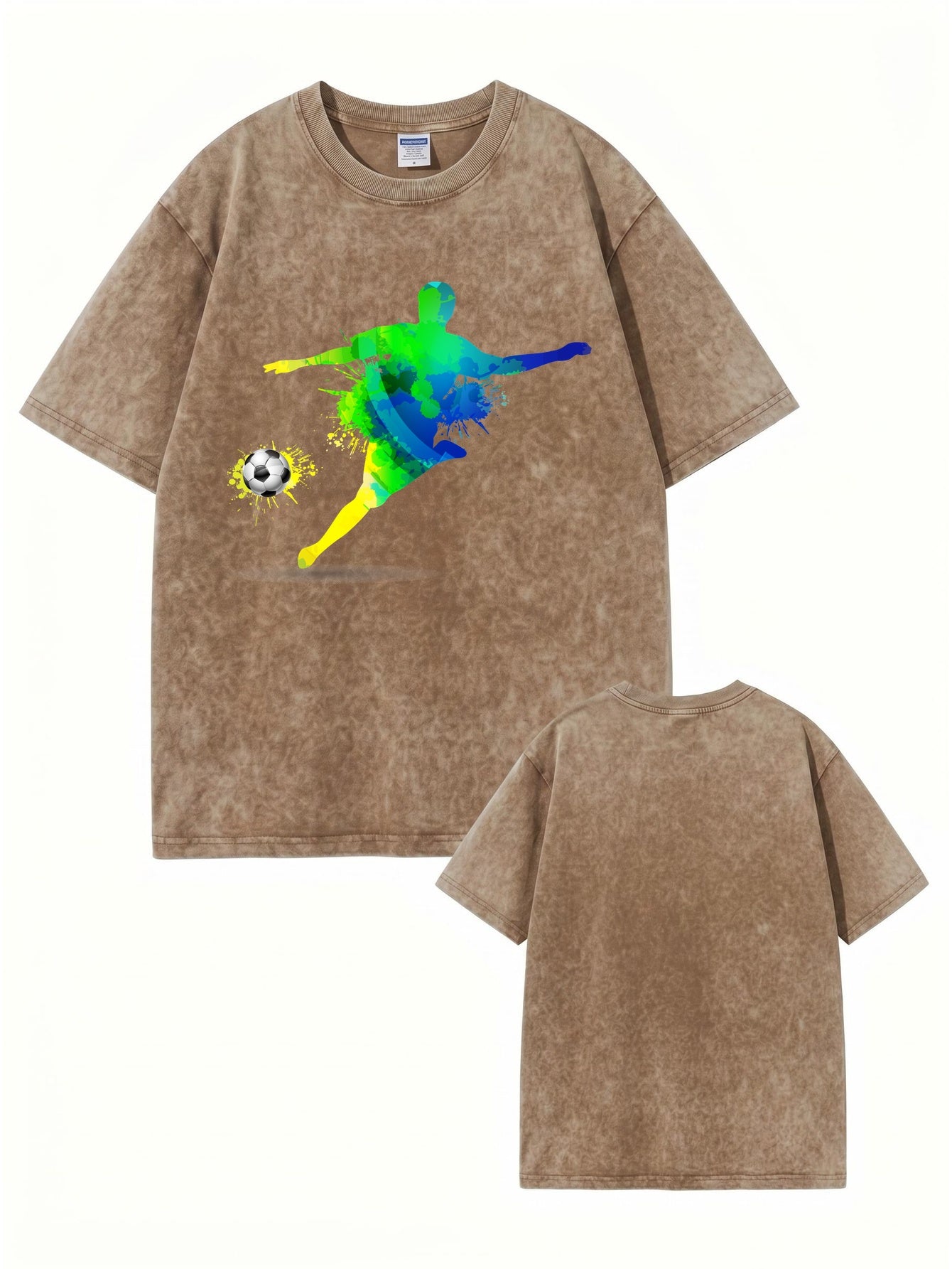 Vintage Washed Oversized T-Shirt with Colorful Soccer Player Graphic Print