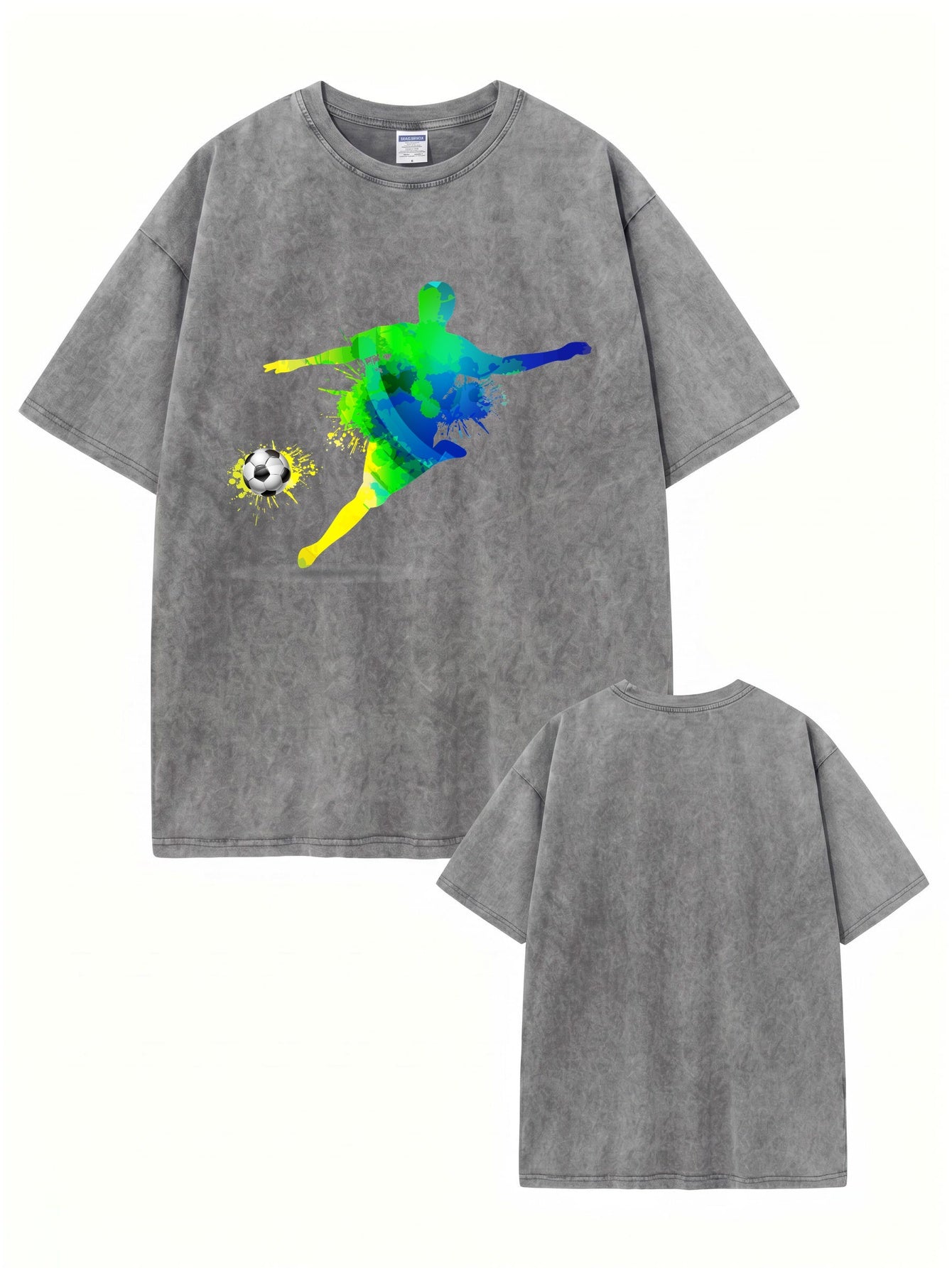 Vintage Washed Oversized T-Shirt with Colorful Soccer Player Graphic Print