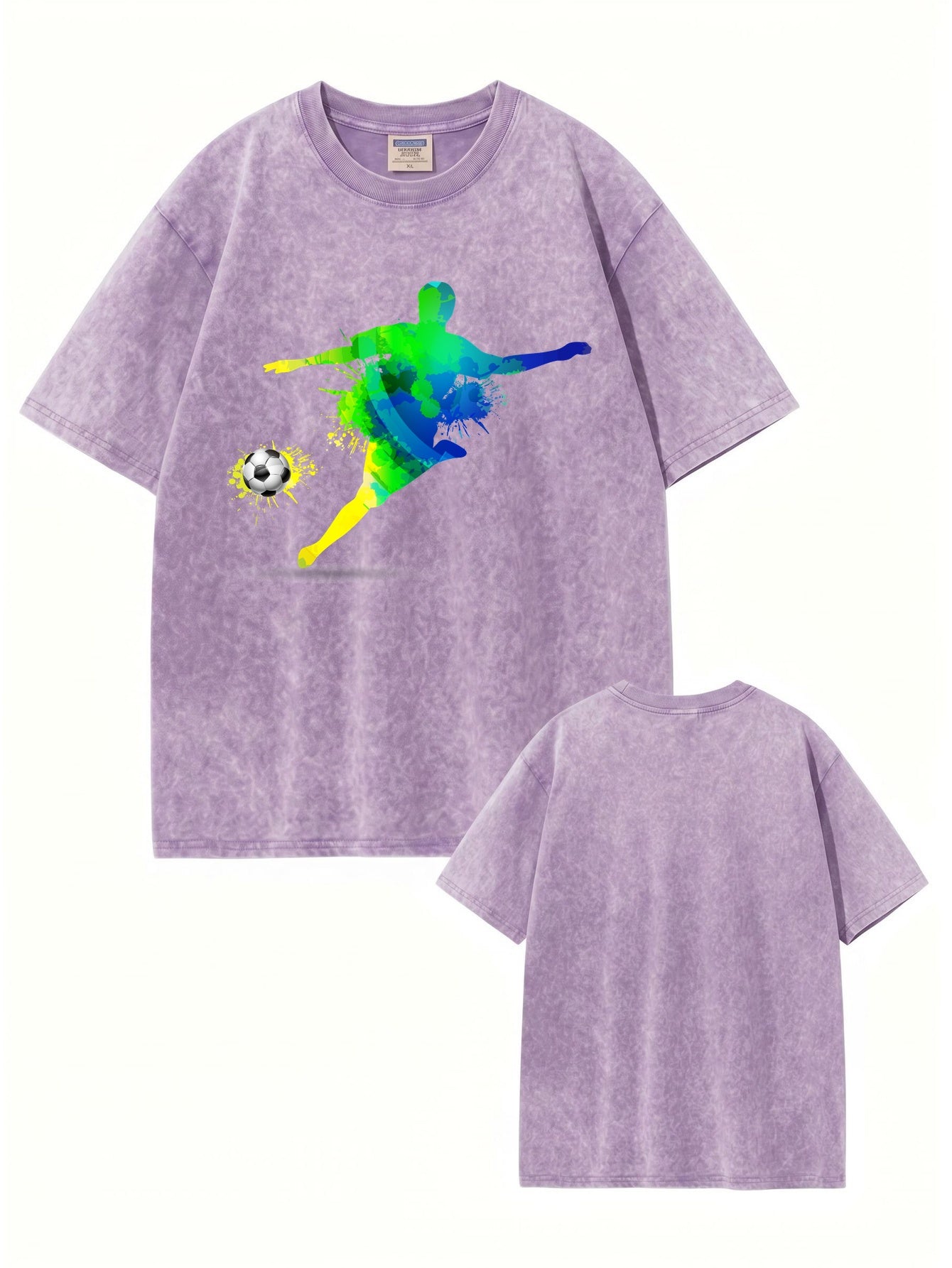 Vintage Washed Oversized T-Shirt with Colorful Soccer Player Graphic Print