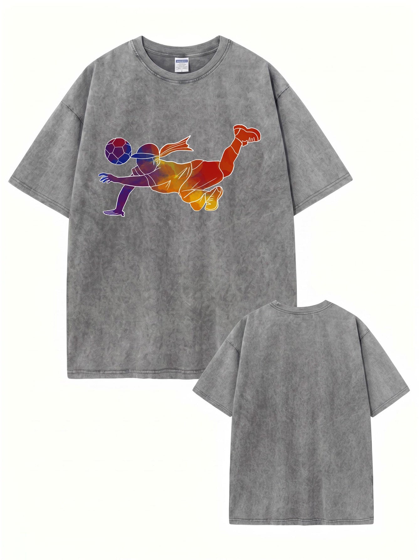 Vintage Washed Oversized T-Shirt with Colorful Soccer Player Print