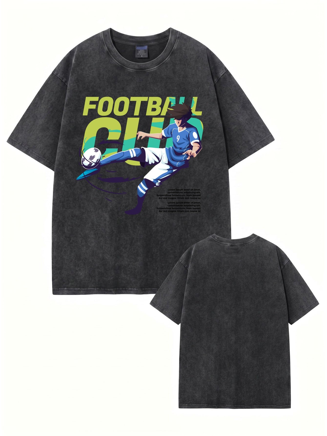 Vintage Washed Football Club Anime Graphic Heavyweight Cotton T-Shirt