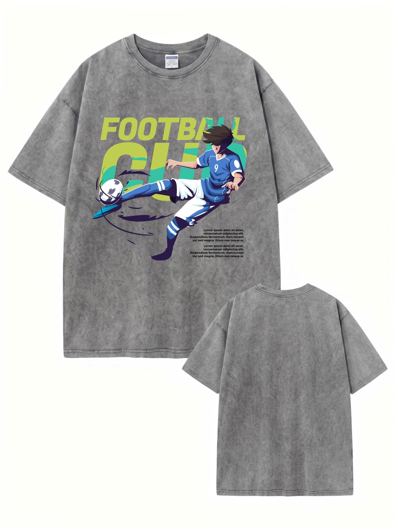 Vintage Washed Football Club Anime Graphic Heavyweight Cotton T-Shirt