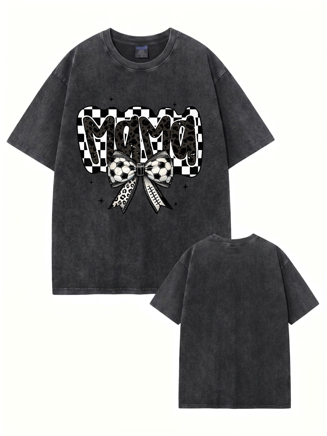 Vintage Washed MAMA Soccer Bow Graphic T-Shirt | 300gsm Heavyweight Cotton Tee