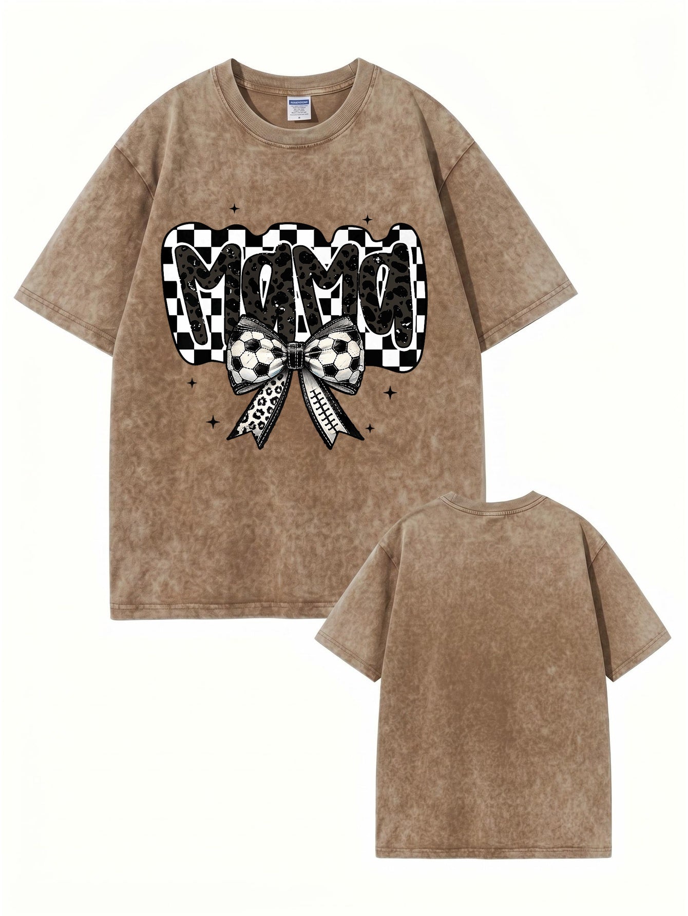 Vintage Washed MAMA Soccer Bow Graphic T-Shirt | 300gsm Heavyweight Cotton Tee