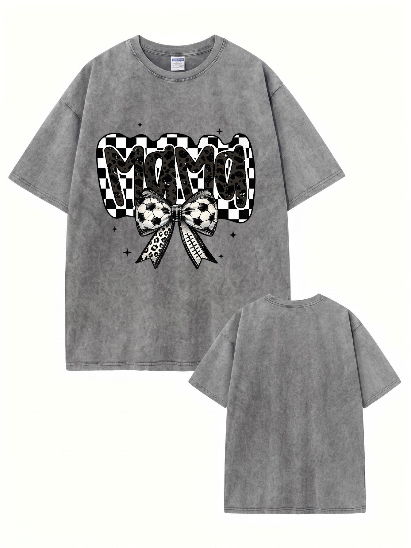 Vintage Washed MAMA Soccer Bow Graphic T-Shirt | 300gsm Heavyweight Cotton Tee