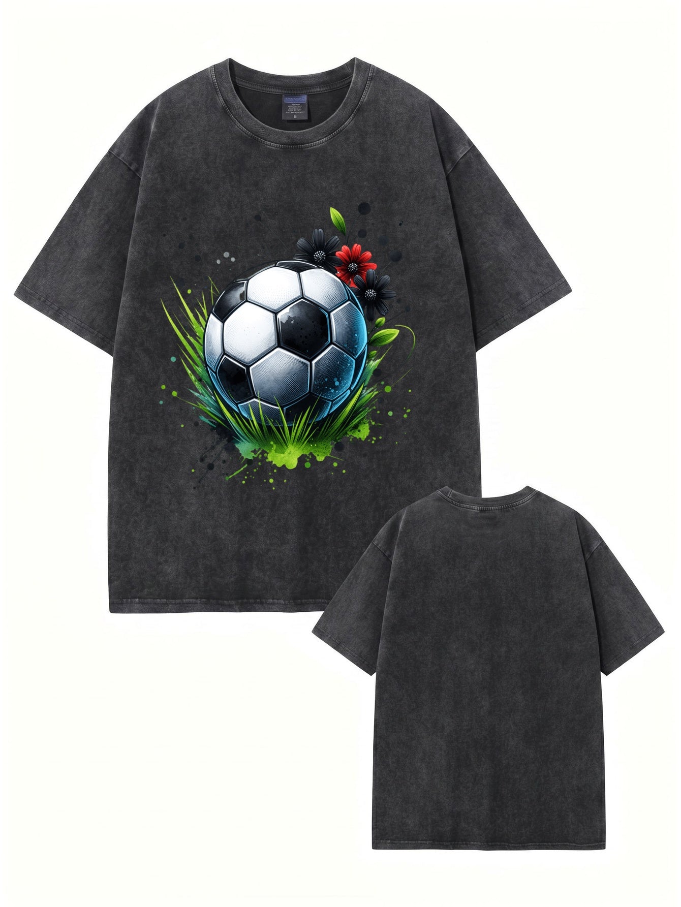 Vintage Washed Soccer Ball Floral Print Graphic T-Shirt