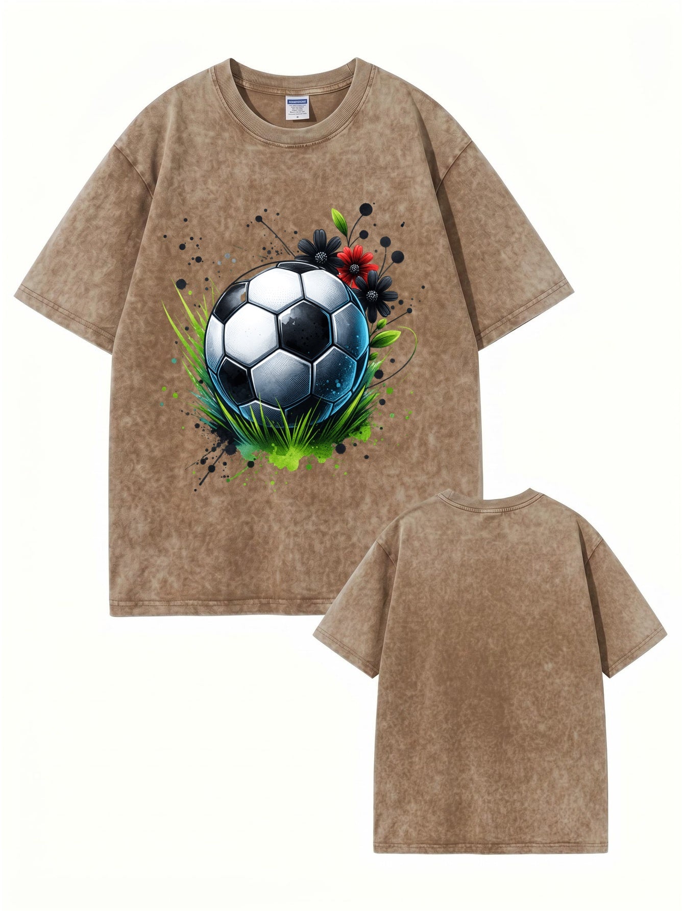 Vintage Washed Soccer Ball Floral Print Graphic T-Shirt