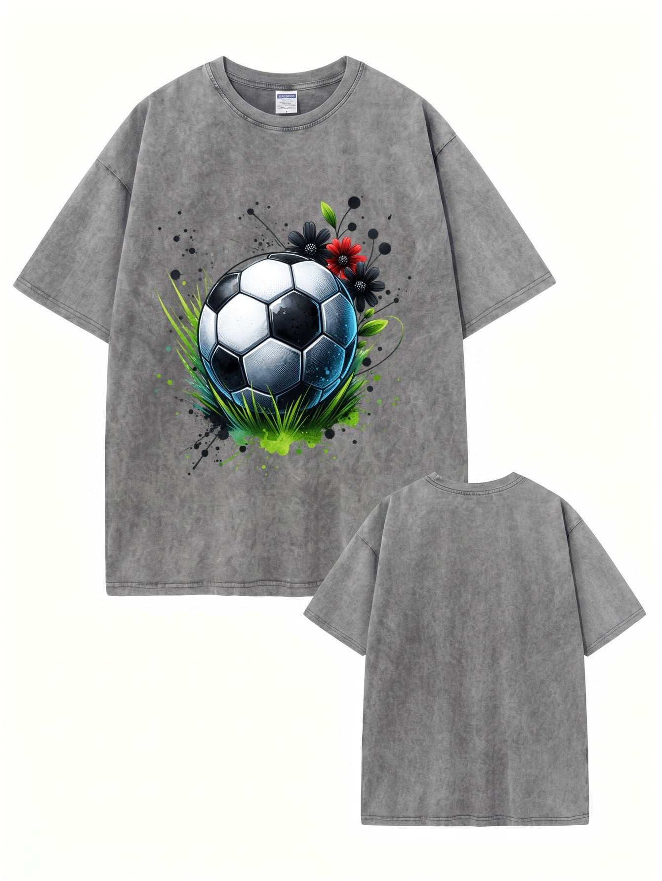 Vintage Washed Soccer Ball Floral Print Graphic T-Shirt