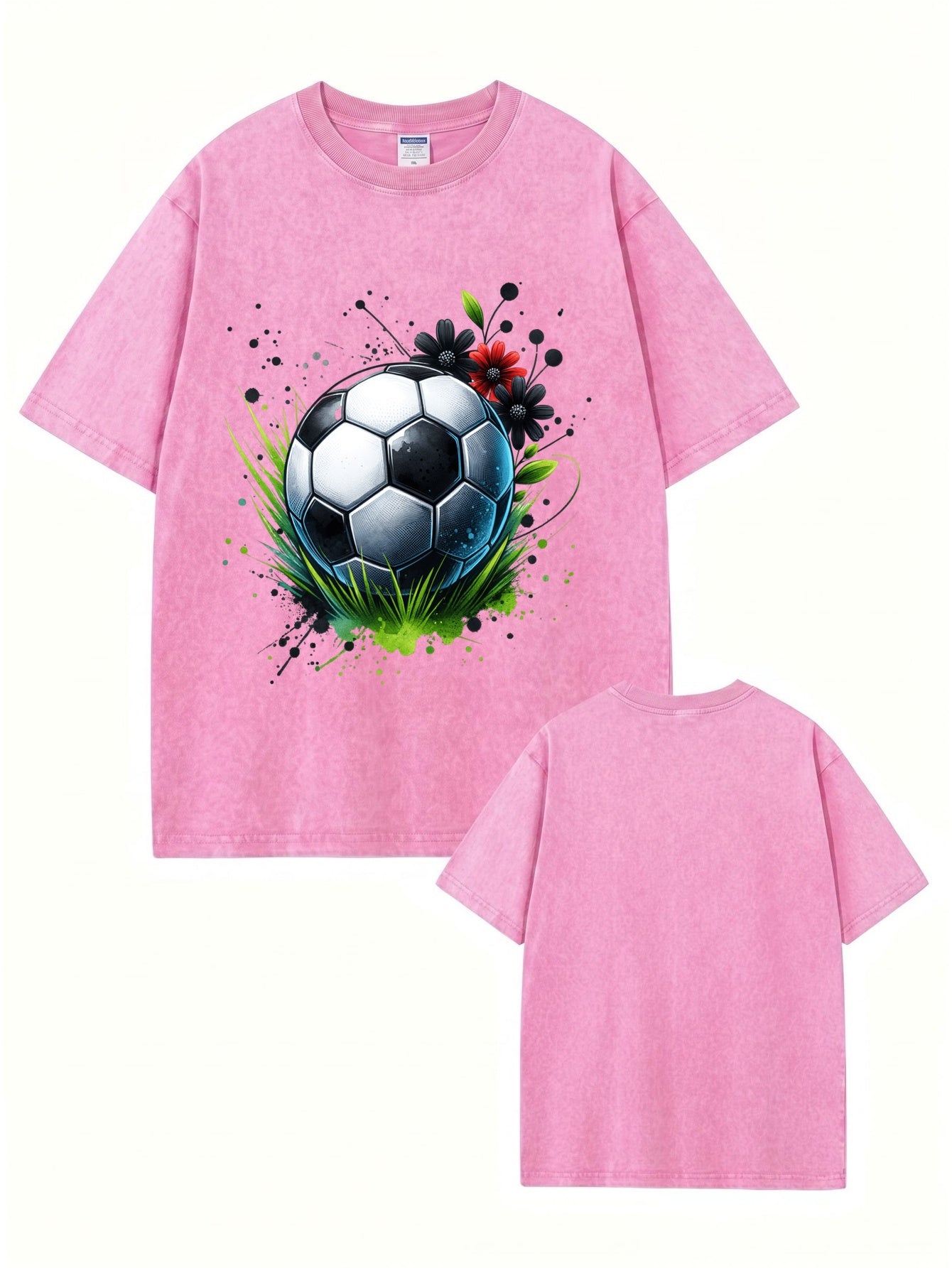 Vintage Washed Soccer Ball Floral Print Graphic T-Shirt