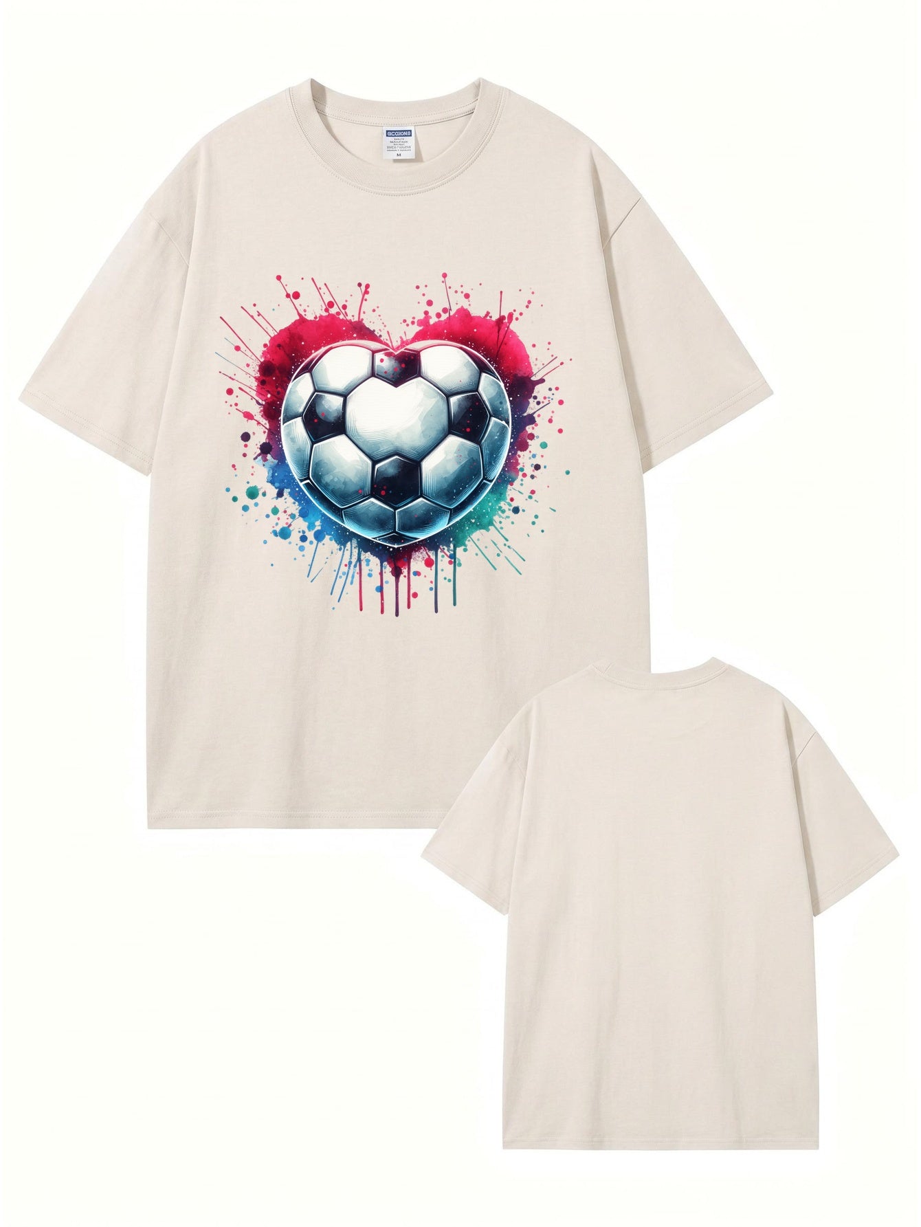Vintage Washed Cotton T-Shirt with Heart-Shaped Soccer Ball Graphic Print