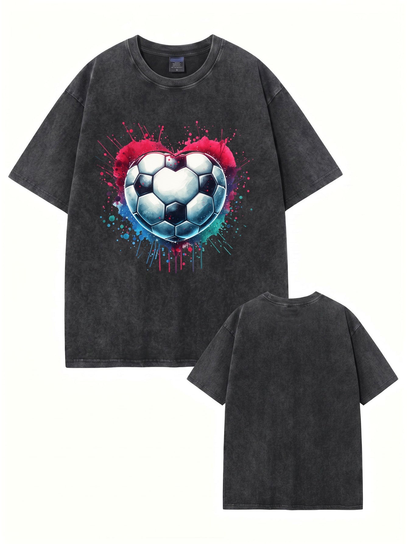 Vintage Washed Cotton T-Shirt with Heart-Shaped Soccer Ball Graphic Print