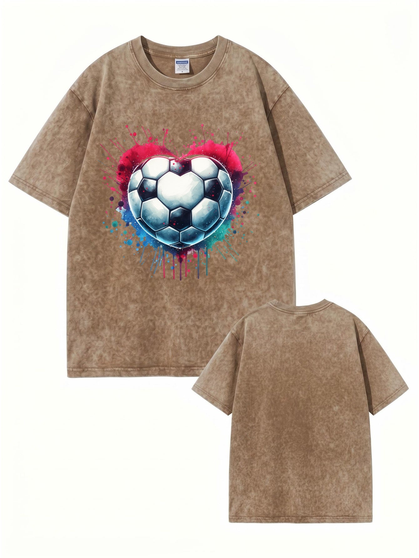 Vintage Washed Cotton T-Shirt with Heart-Shaped Soccer Ball Graphic Print