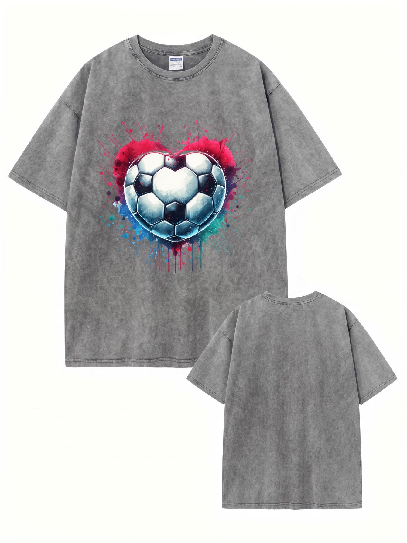 Vintage Washed Cotton T-Shirt with Heart-Shaped Soccer Ball Graphic Print