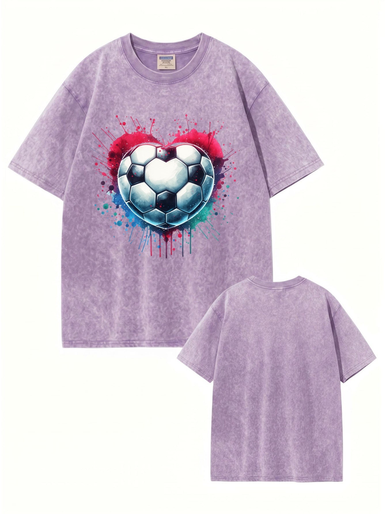 Vintage Washed Cotton T-Shirt with Heart-Shaped Soccer Ball Graphic Print