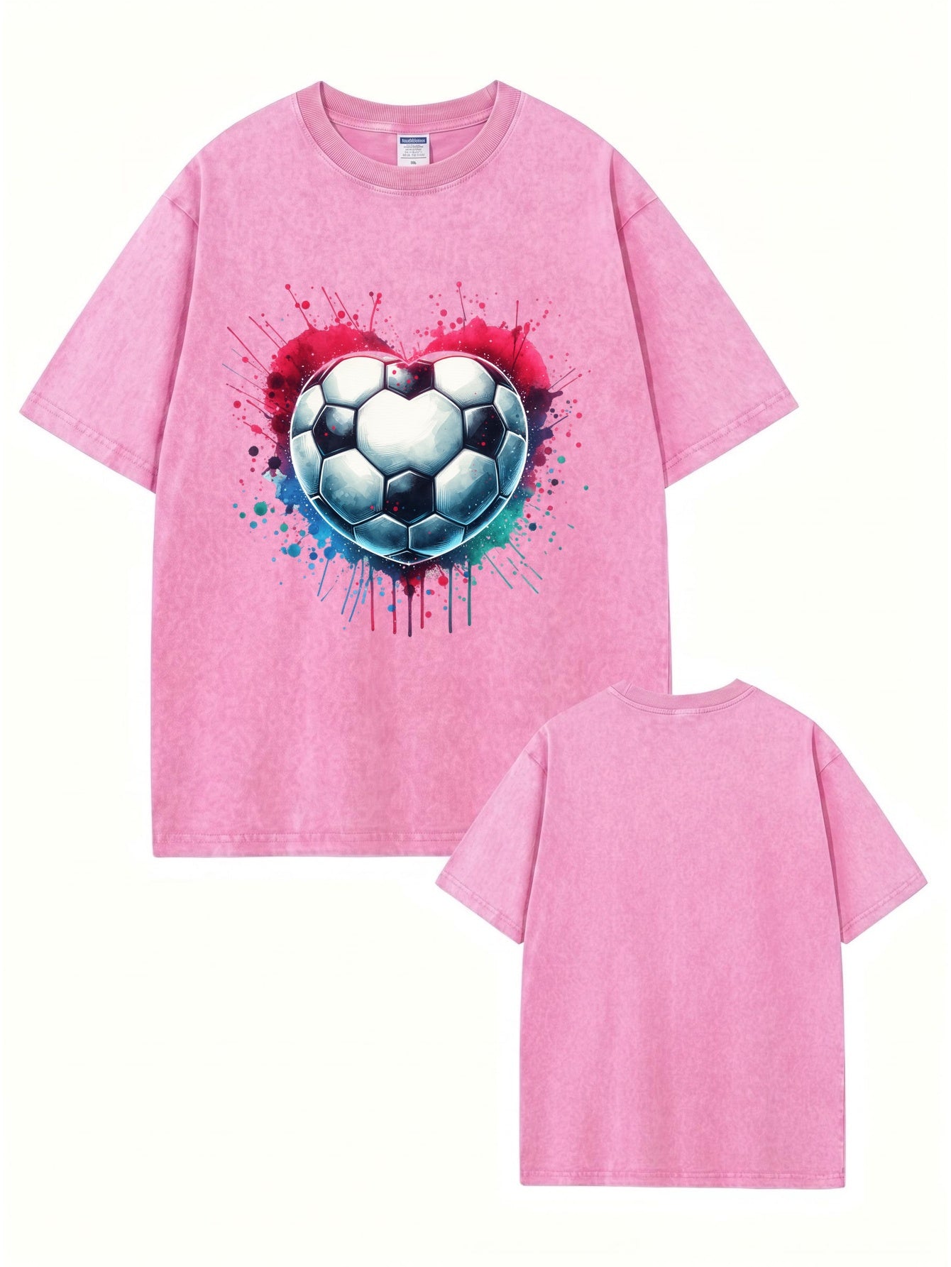Vintage Washed Cotton T-Shirt with Heart-Shaped Soccer Ball Graphic Print
