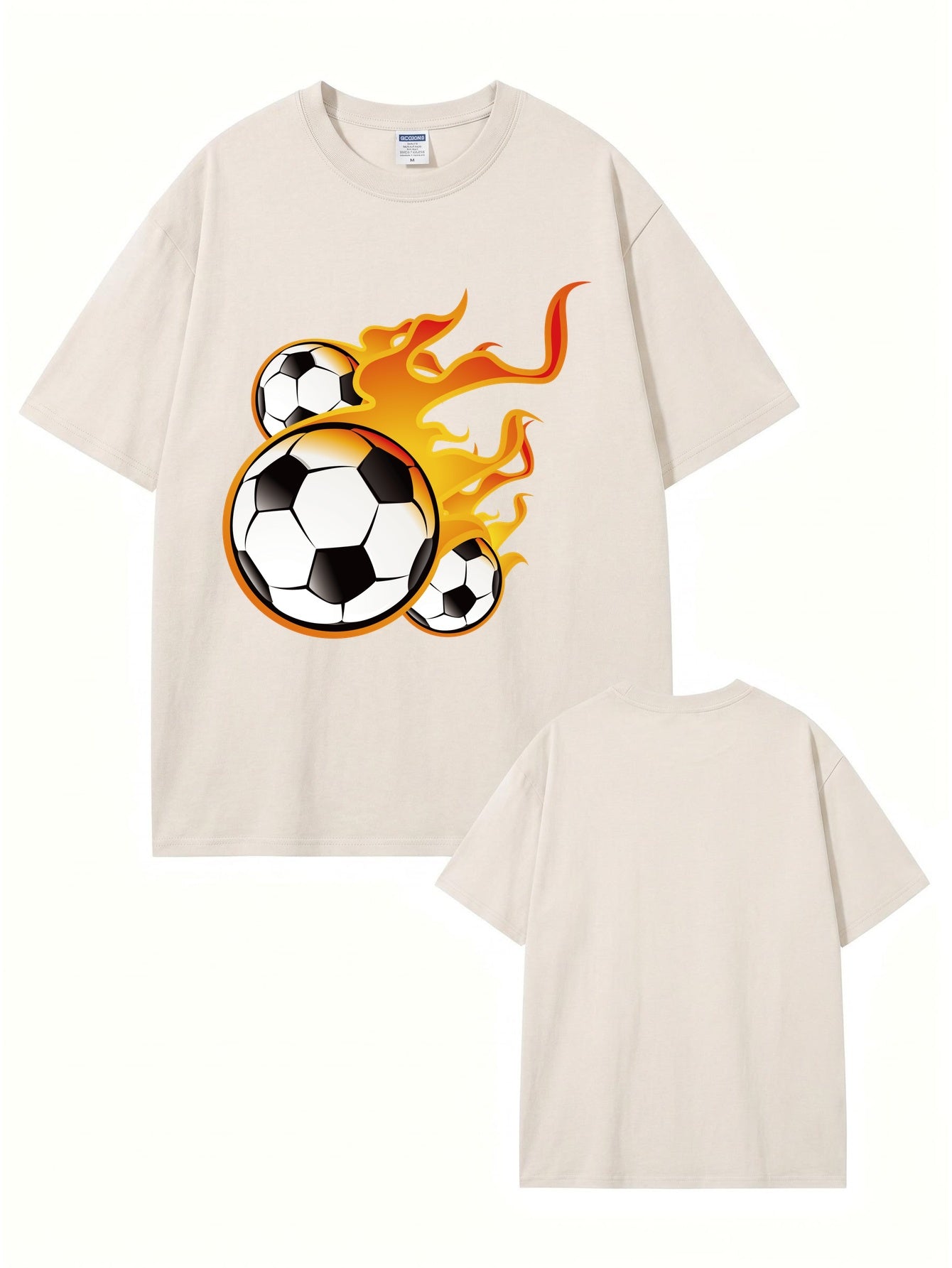 Vintage Washed Cotton T-Shirt with Flaming Soccer Ball Graphic Print