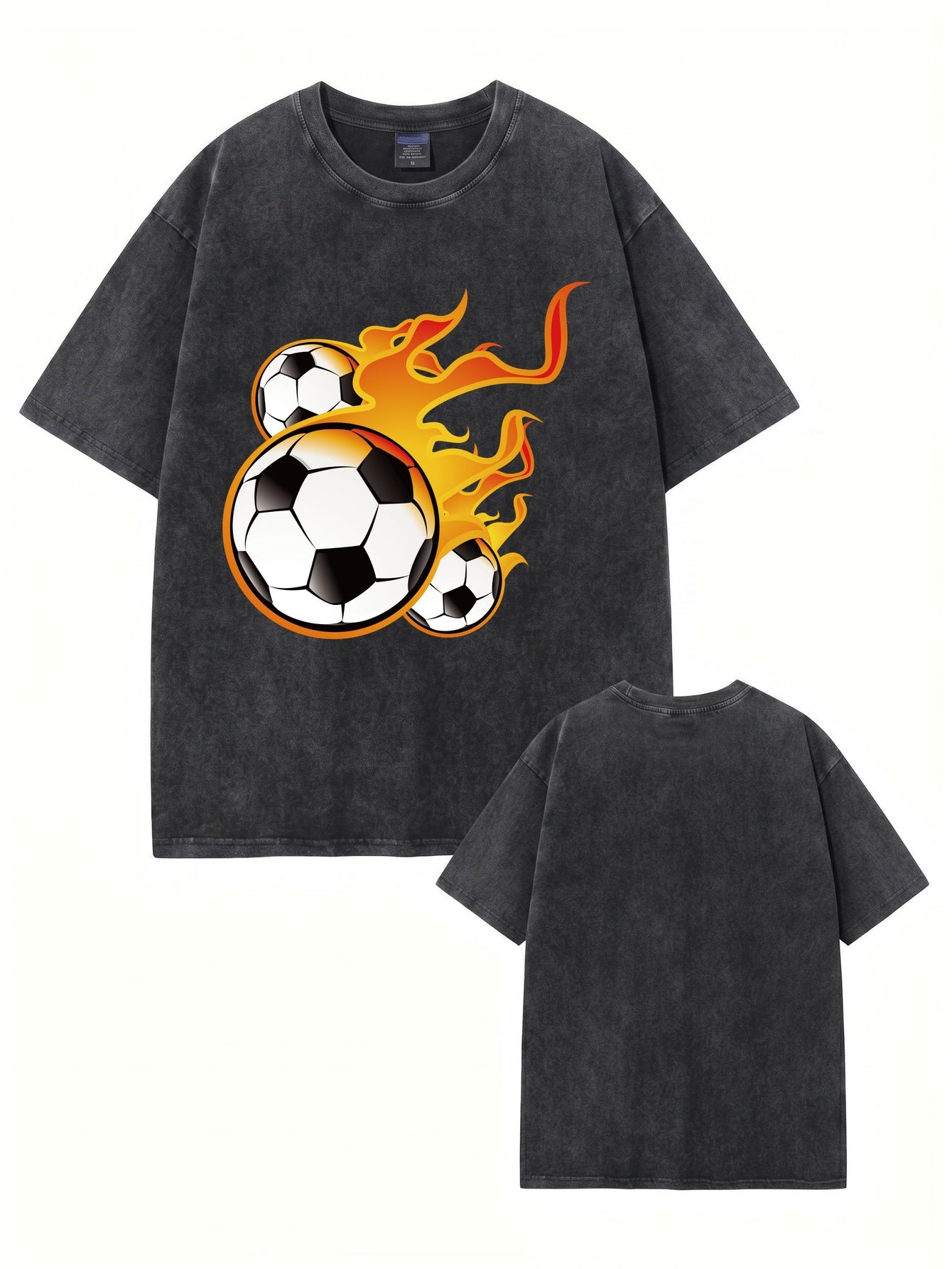 Vintage Washed Cotton T-Shirt with Flaming Soccer Ball Graphic Print
