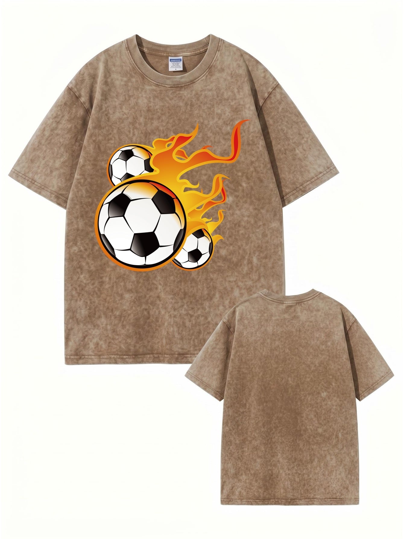 Vintage Washed Cotton T-Shirt with Flaming Soccer Ball Graphic Print