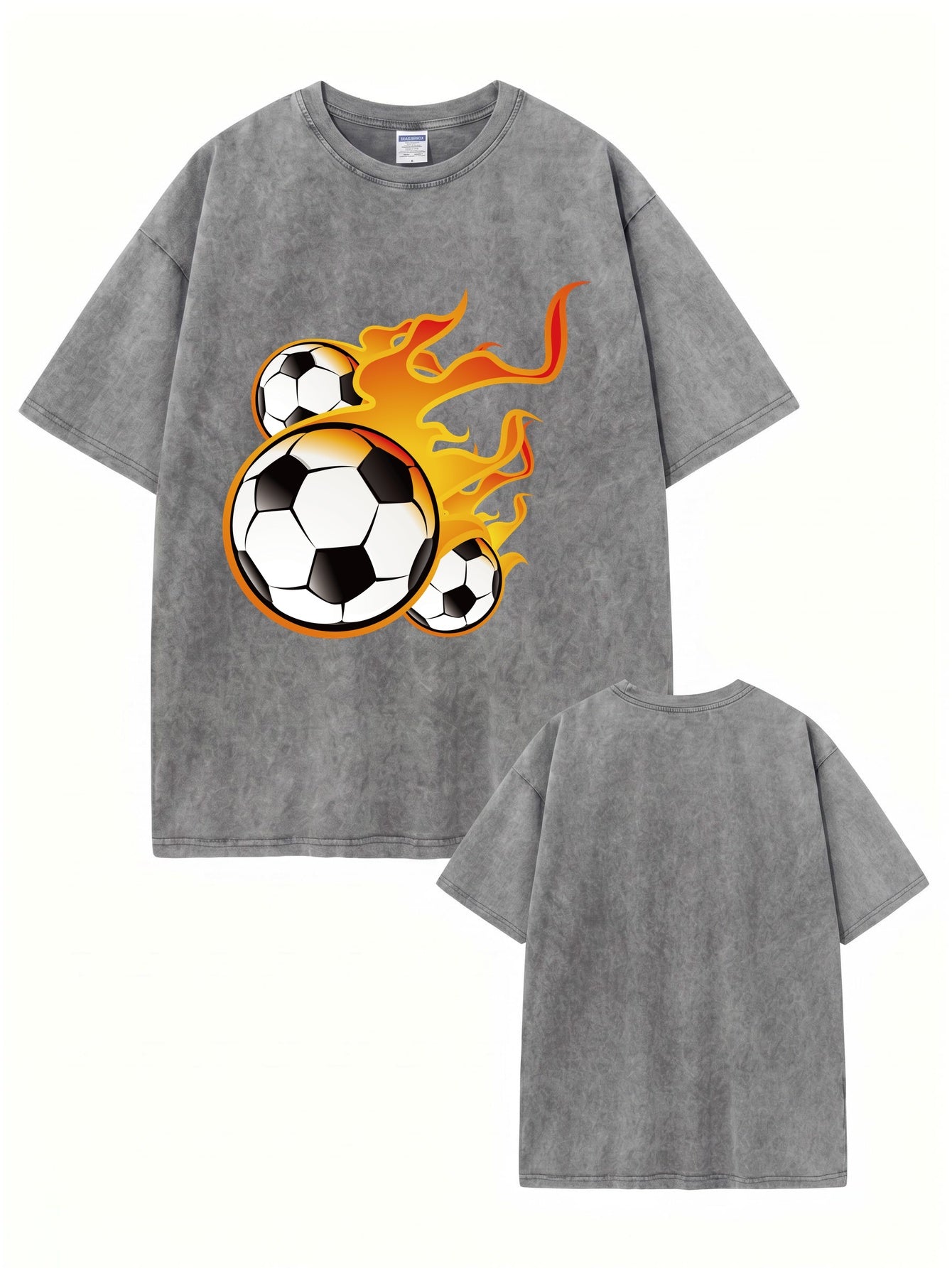 Vintage Washed Cotton T-Shirt with Flaming Soccer Ball Graphic Print