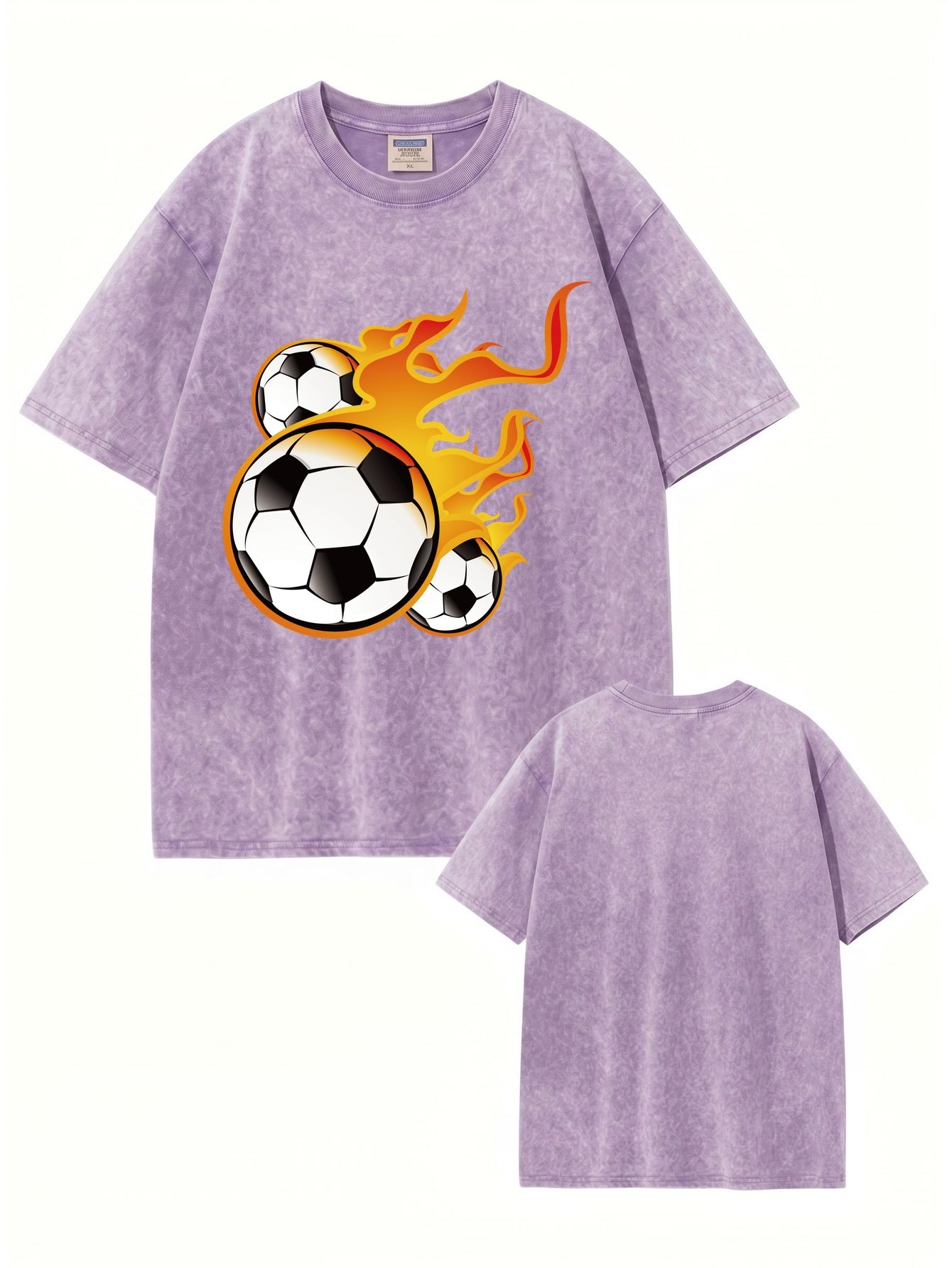 Vintage Washed Cotton T-Shirt with Flaming Soccer Ball Graphic Print