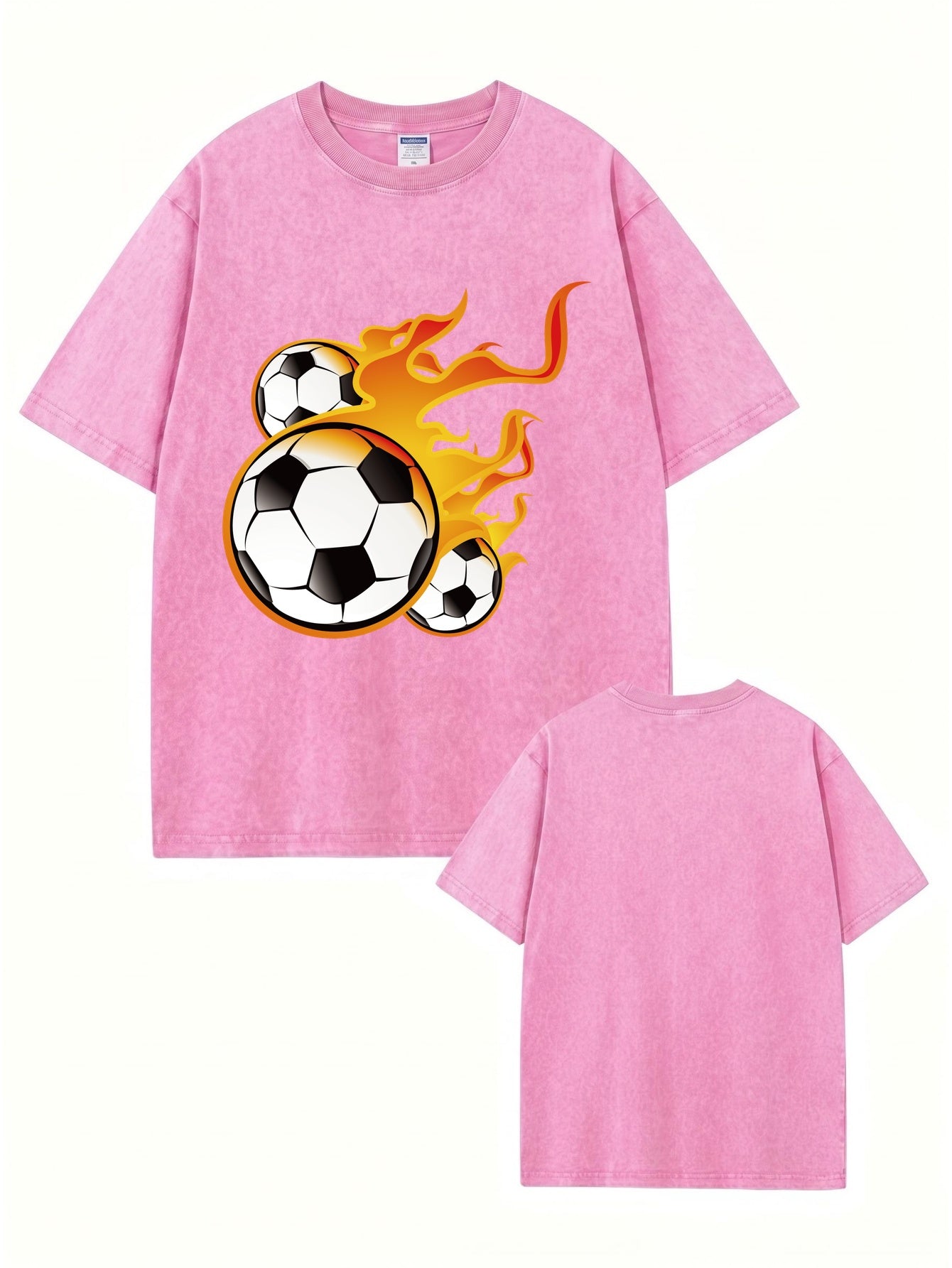 Vintage Washed Cotton T-Shirt with Flaming Soccer Ball Graphic Print