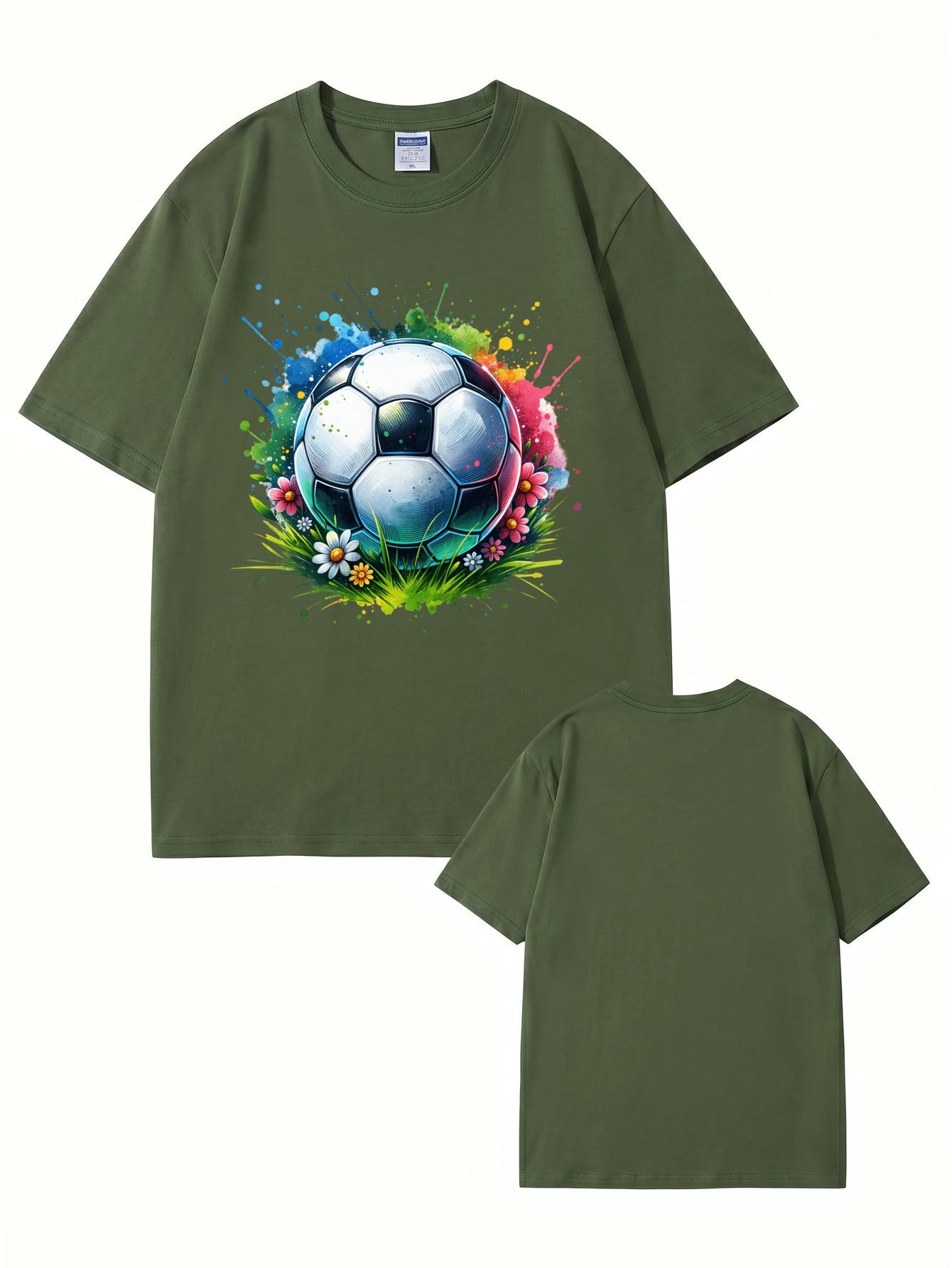 Colorful Watercolor Soccer Ball Floral Graphic Cotton T-Shirt