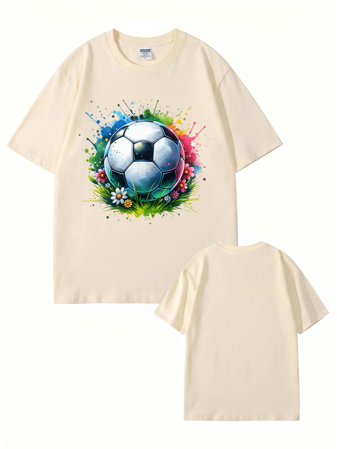 Colorful Watercolor Soccer Ball Floral Graphic Cotton T-Shirt