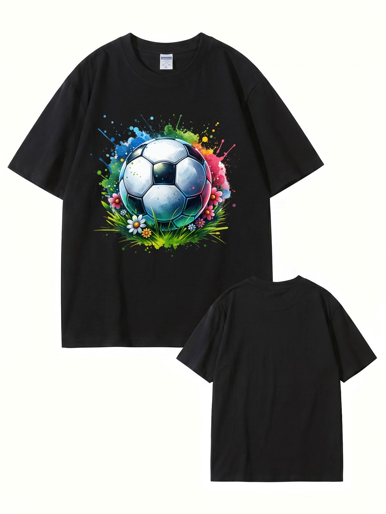 Colorful Watercolor Soccer Ball Floral Graphic Cotton T-Shirt