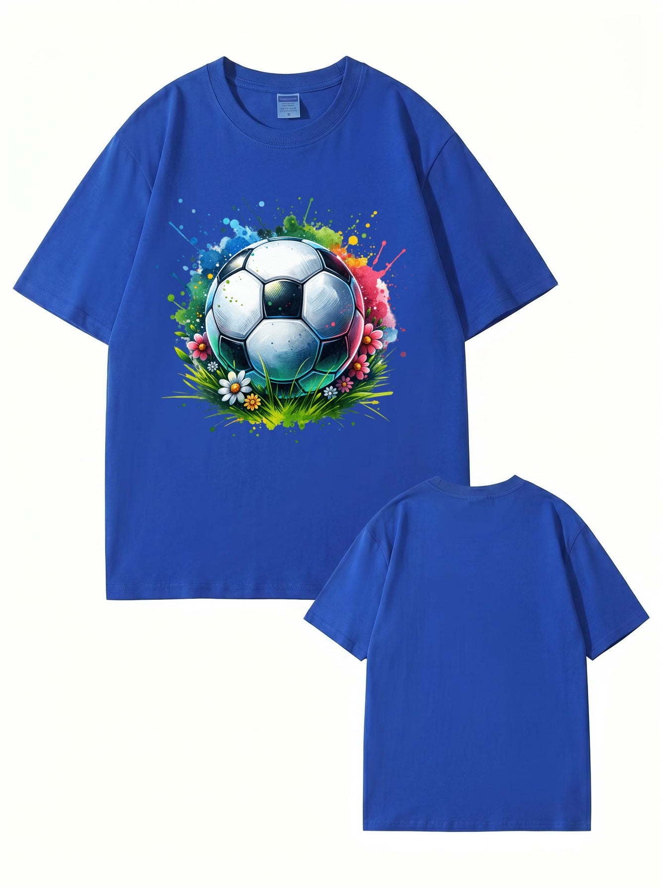 Colorful Watercolor Soccer Ball Floral Graphic Cotton T-Shirt