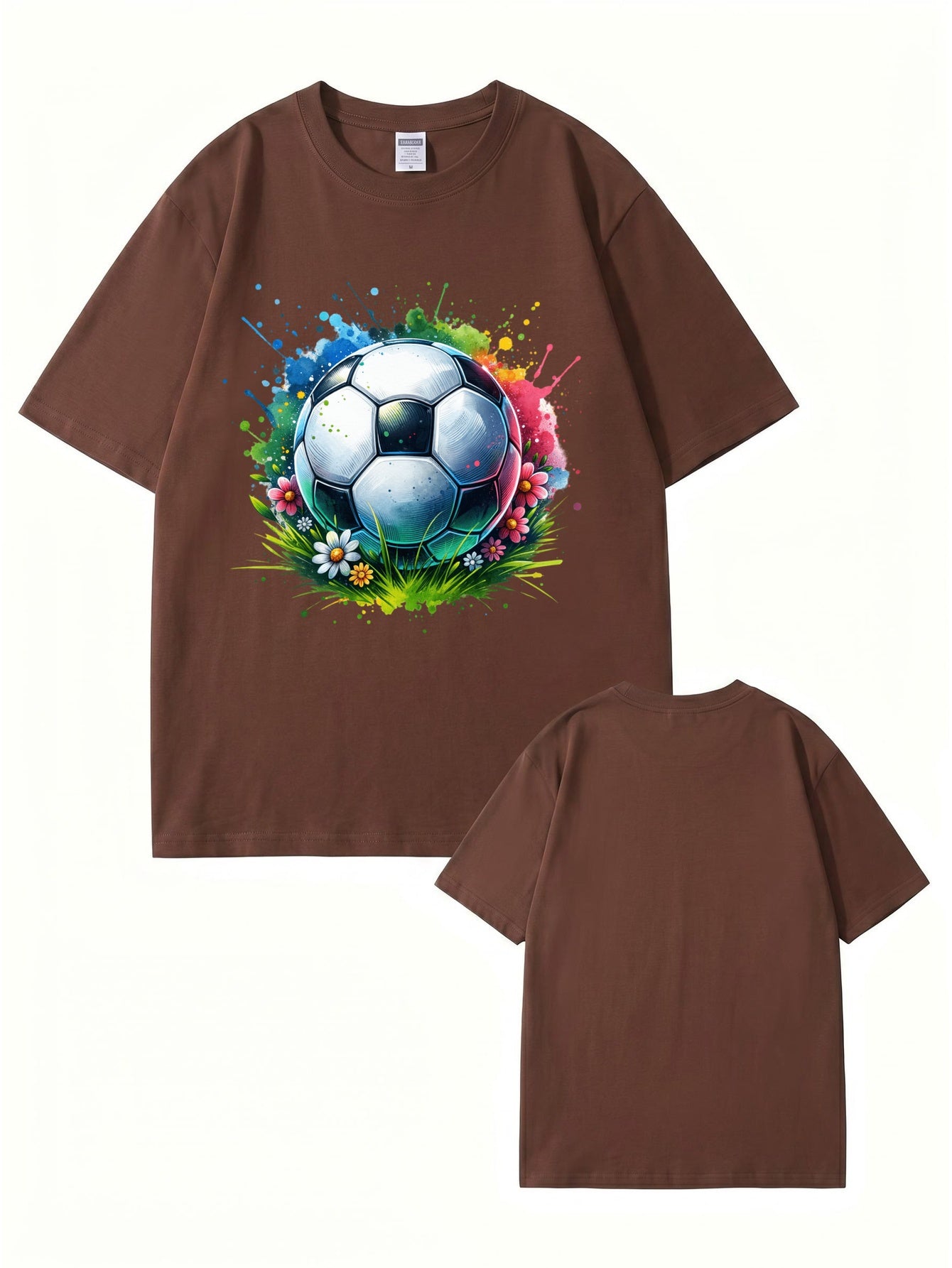 Colorful Watercolor Soccer Ball Floral Graphic Cotton T-Shirt