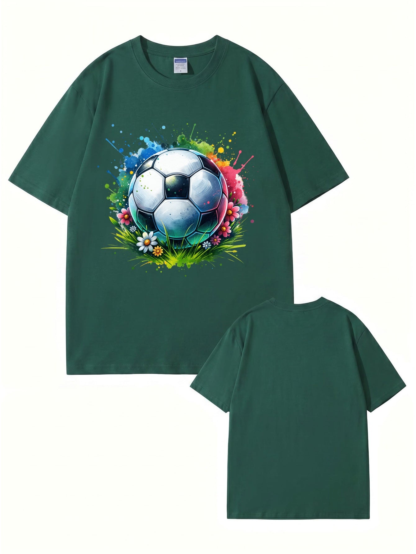 Colorful Watercolor Soccer Ball Floral Graphic Cotton T-Shirt