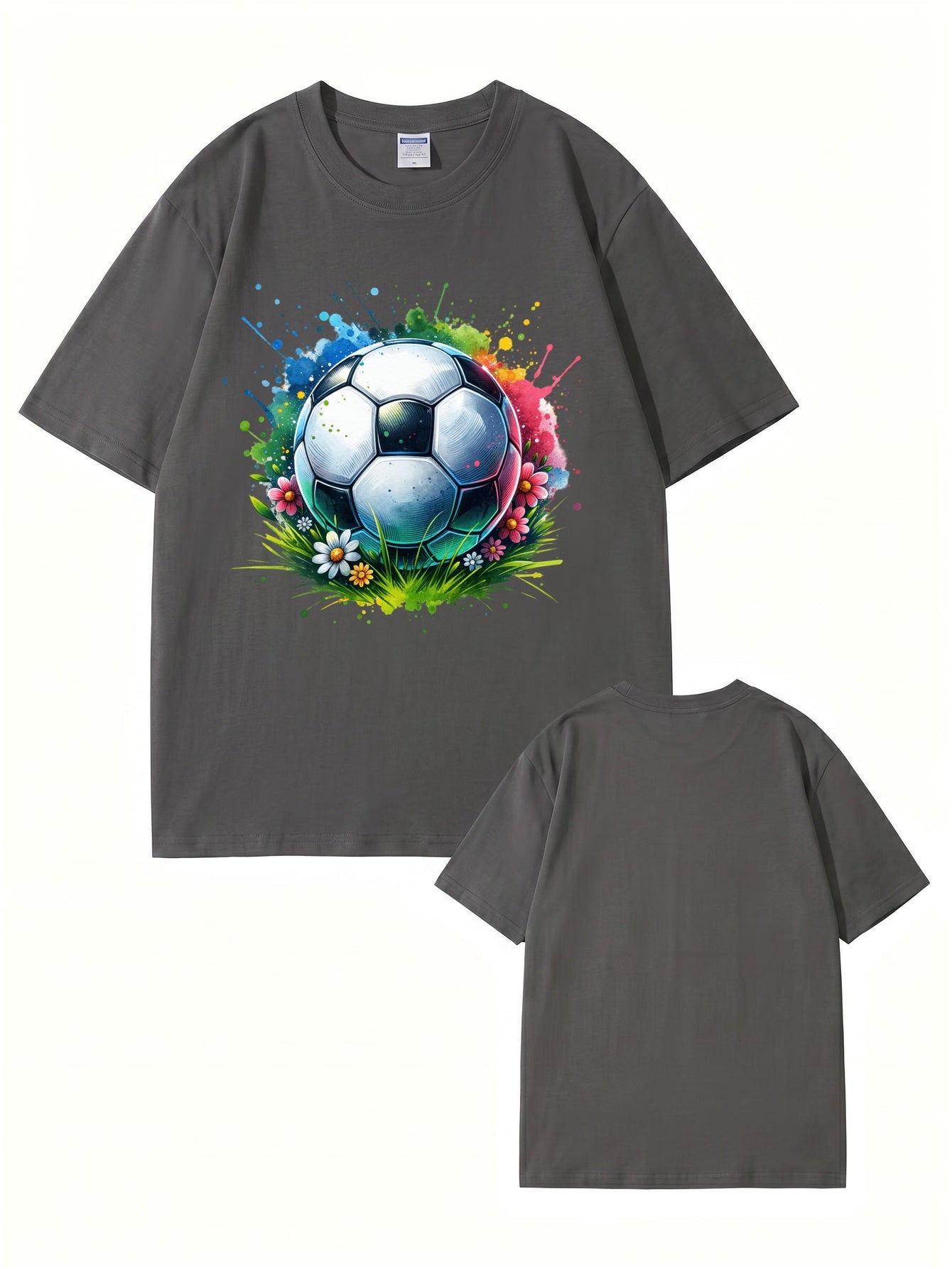 Colorful Watercolor Soccer Ball Floral Graphic Cotton T-Shirt
