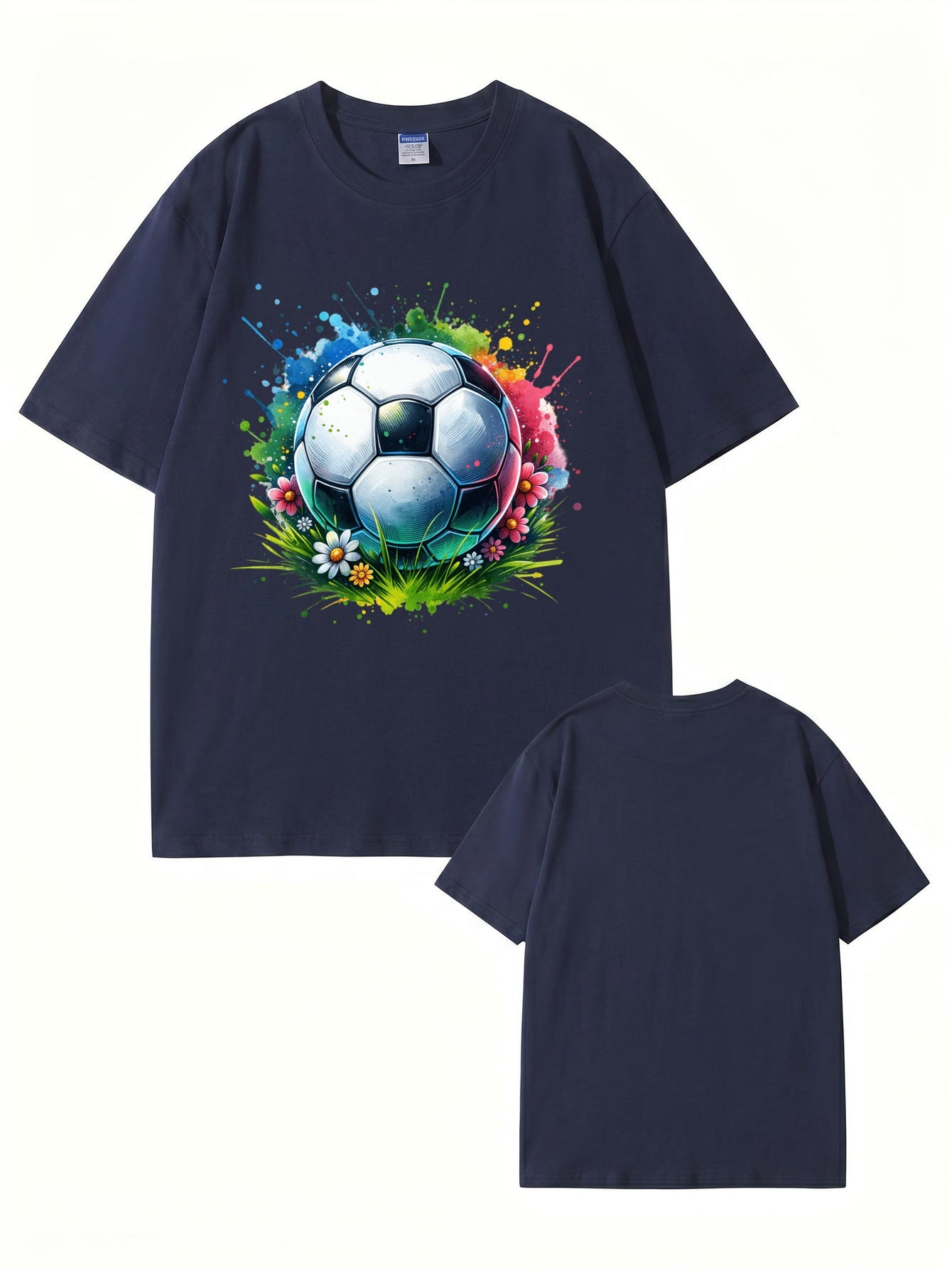 Colorful Watercolor Soccer Ball Floral Graphic Cotton T-Shirt